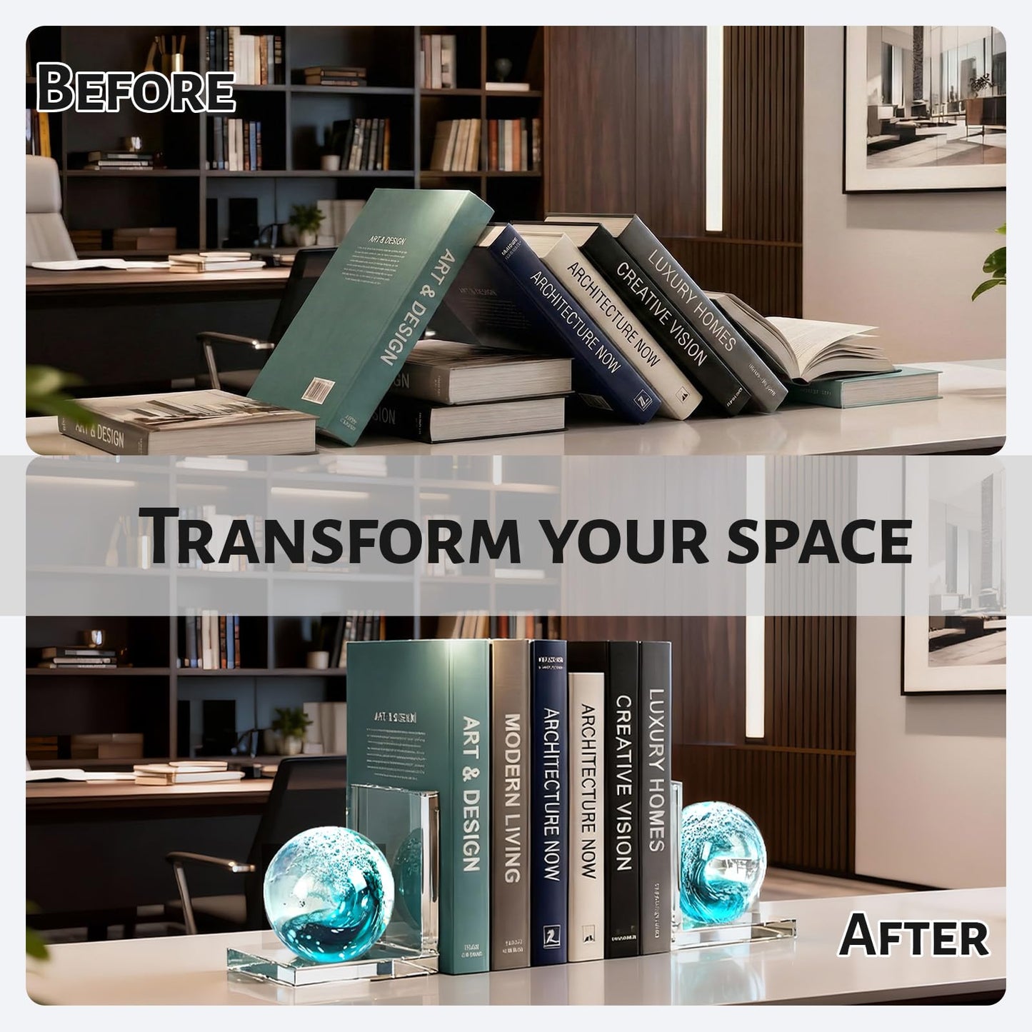 Glass Book Ends Set of 2, L-Shaped Bookends with Sea Wave Ball Design – Non Skid Heavy Duty Decorative Book Stopper for Shelves, Desk, and Home Office