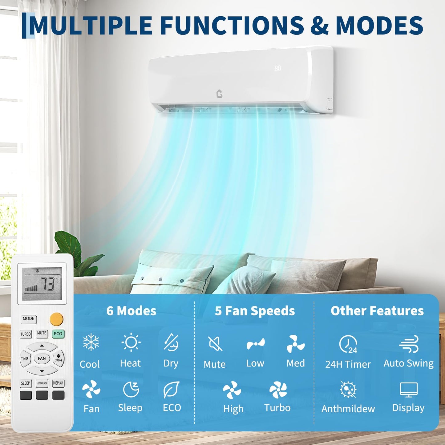 12,000 BTU Ductless Mini Split Air Conditioner with Heat Pump - 115V, 19 SEER2 High Efficiency, Cools & Heats Rooms Up to 750 Sq Ft, Includes Pre-Charged Condenser, Installation Kit and Remote Control