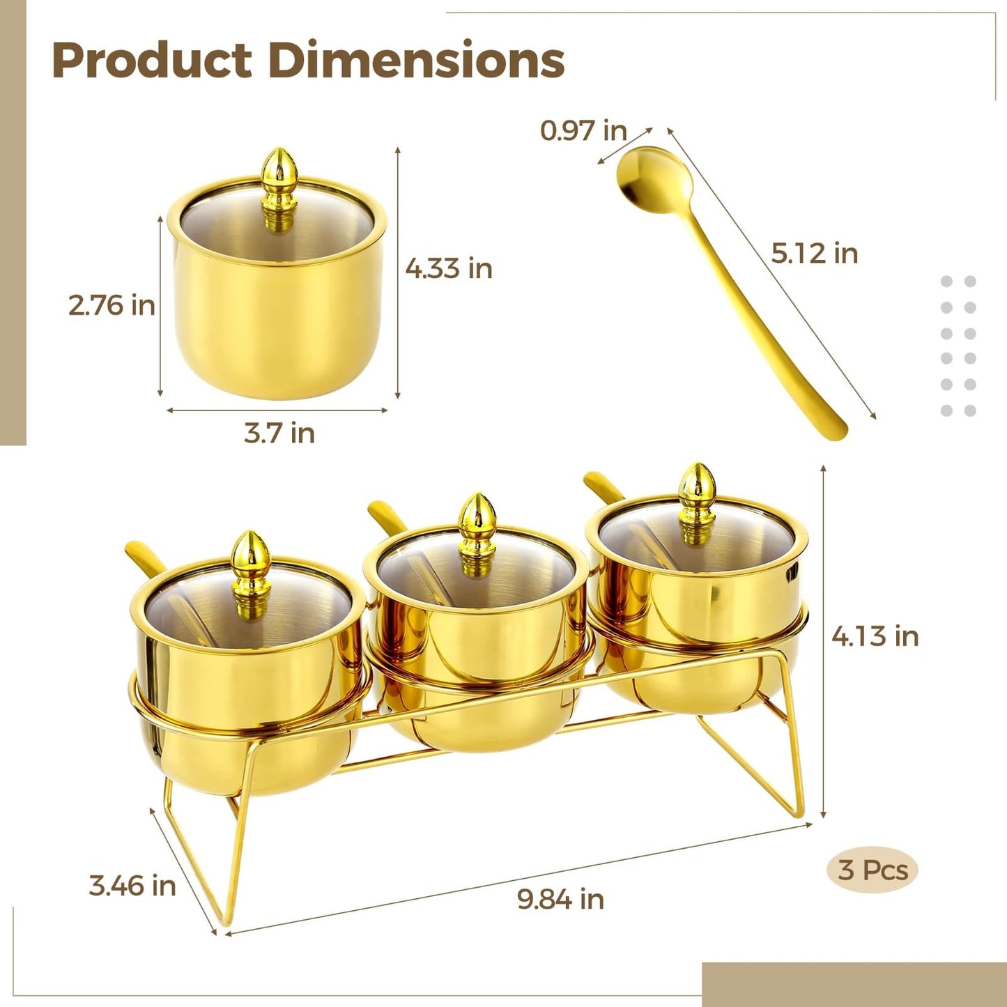 Gold Coffee and Sugar Dispenser, Gold Stainless Steel Spice Jars with Clear Glass Lids, Serving Seasoning Containers for Kitchen, Dining Room, Barbecue