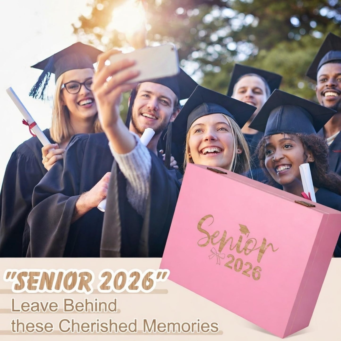 Leinuosen Large Graduation Keepsake Box 13'' Senior 2026 Graduation Cap Gown Box Class of 2026 Graduate Wooden Engraving Case for College High School(Pink,Senior 2026 Bow)