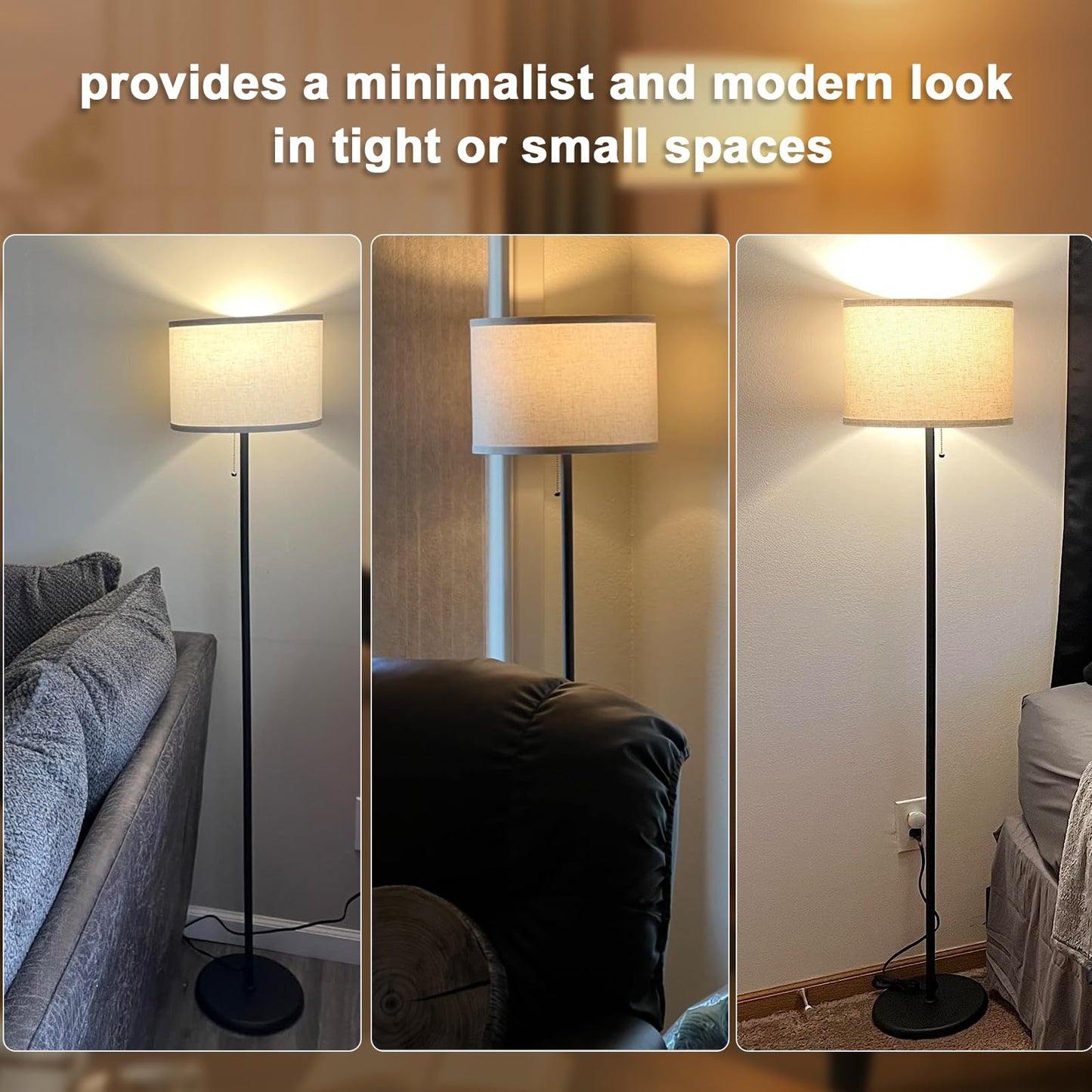 Ambimall Modern Standing Floor Lamp for Living Room & Bedroom with 3 Color Temperatures Bulb & Pull Chain Switch, 60" Tall with Beige Shade & Black Pole
