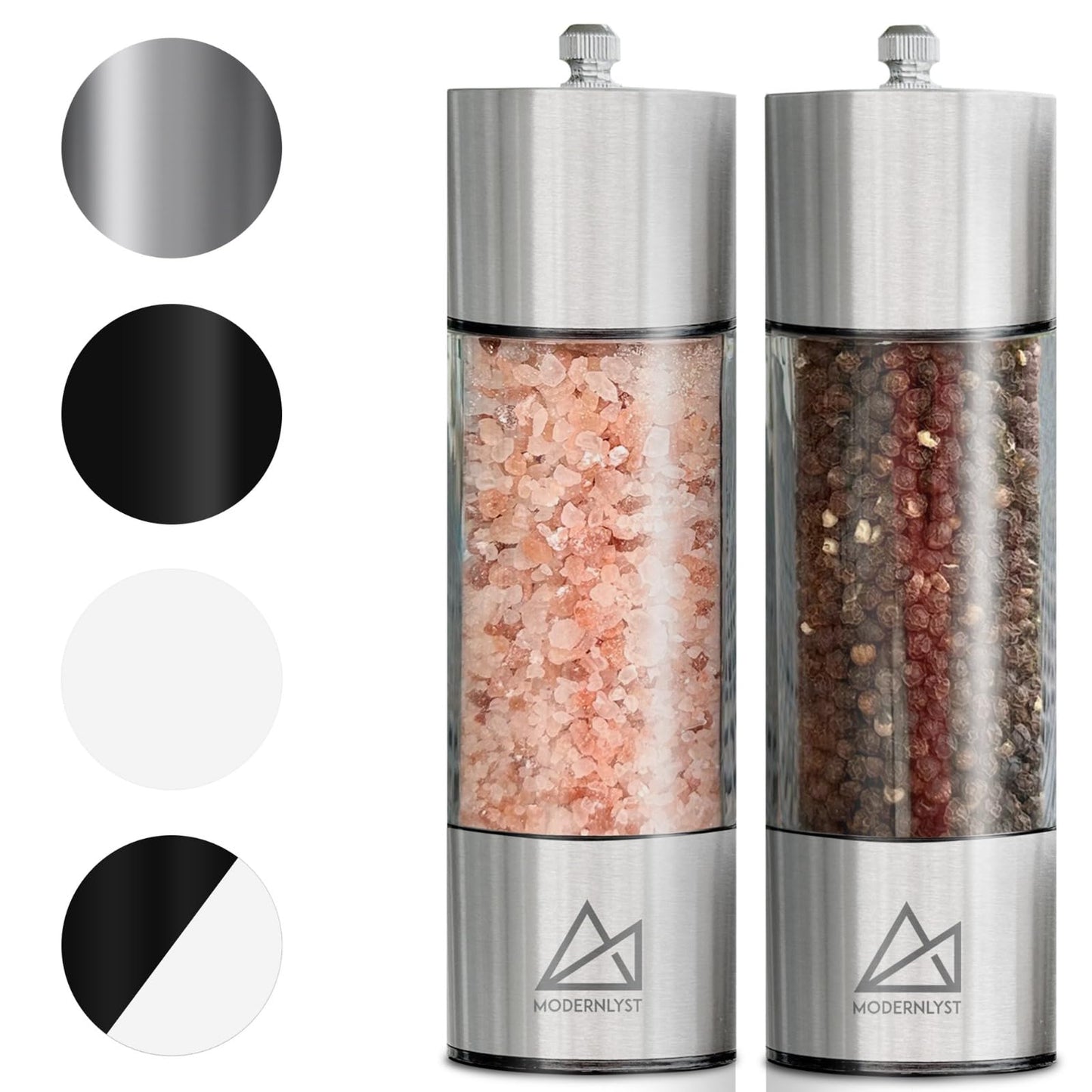 MODERNLYST Salt and Pepper Grinder Set Manual 2 Pack | Large Round Salt and Pepper Shakers Set | 7.5 inch Stainless Steel Salt Grinder Refillable | Manual Pepper Grinder (Stainless Steel)