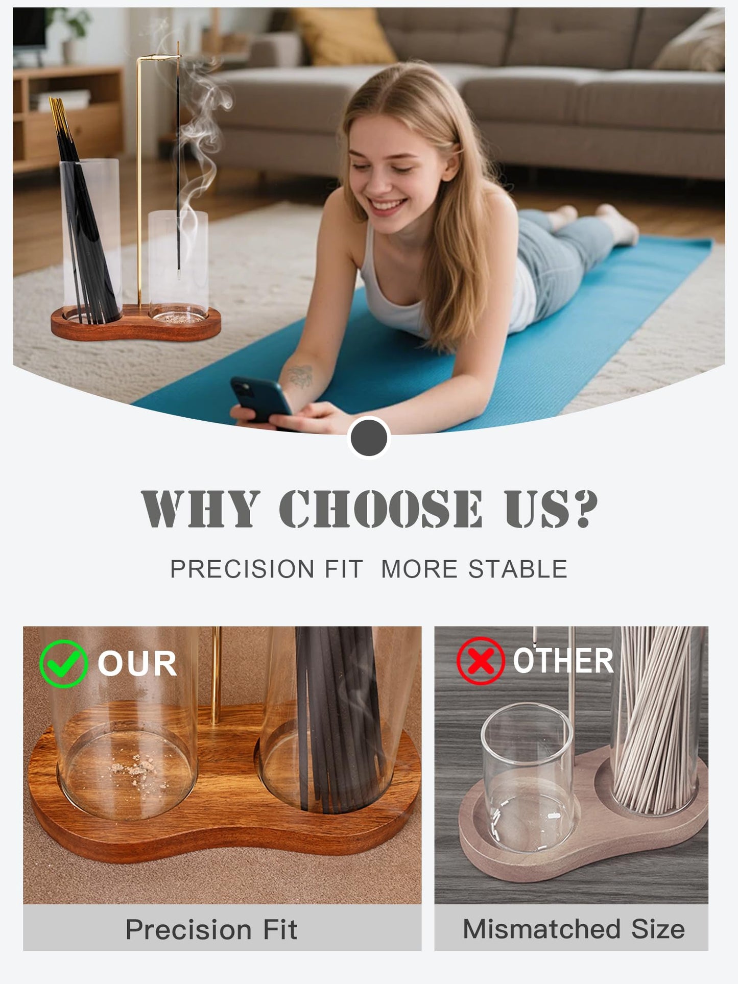 2 in 1 Incense Holder, Glass Incense Holder for Sticks, Anti-Ash Incense Burner with Removable Ash Catcher and Incense Storage for Yoga Meditation Spa Home Decor (Size A)