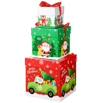 TecUnite 3 Pcs Christmas Stackable Nesting Gift Boxes Decorative Boxes with Lids for Present Wrapping Xmas New Year Holiday Party Xmas Tree Decor (Lively,Red, Green, White)