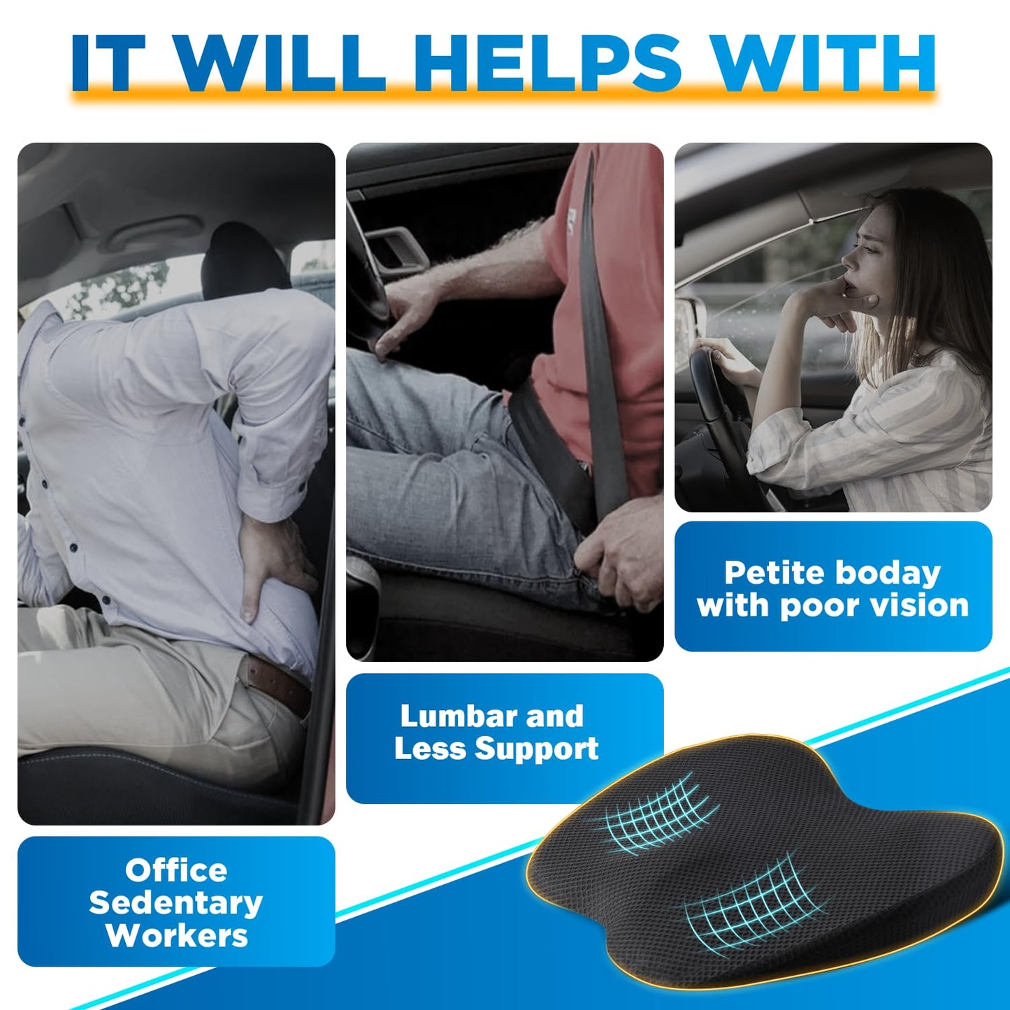 QUTOOL Car Memory Foam Seat Cushion Car Seat Cushions for Driving Wedge Booster Seat Cushion for Short People Chair Seat Cushion Pad Seat Back Support for Office Chair, Cars, and Trucks (Black)