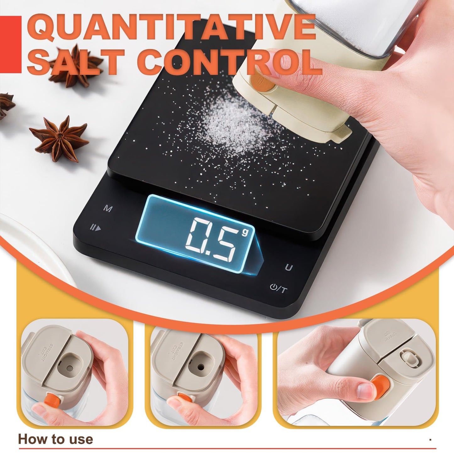 Realand 3 Pack Salt and Pepper Shakers with Quantitative Spout, Glass Measuring 0.5g Salt Shaker Dispenser, Spice Shaker for Salt Sugar Seasoning Kitchen Cooking Camping