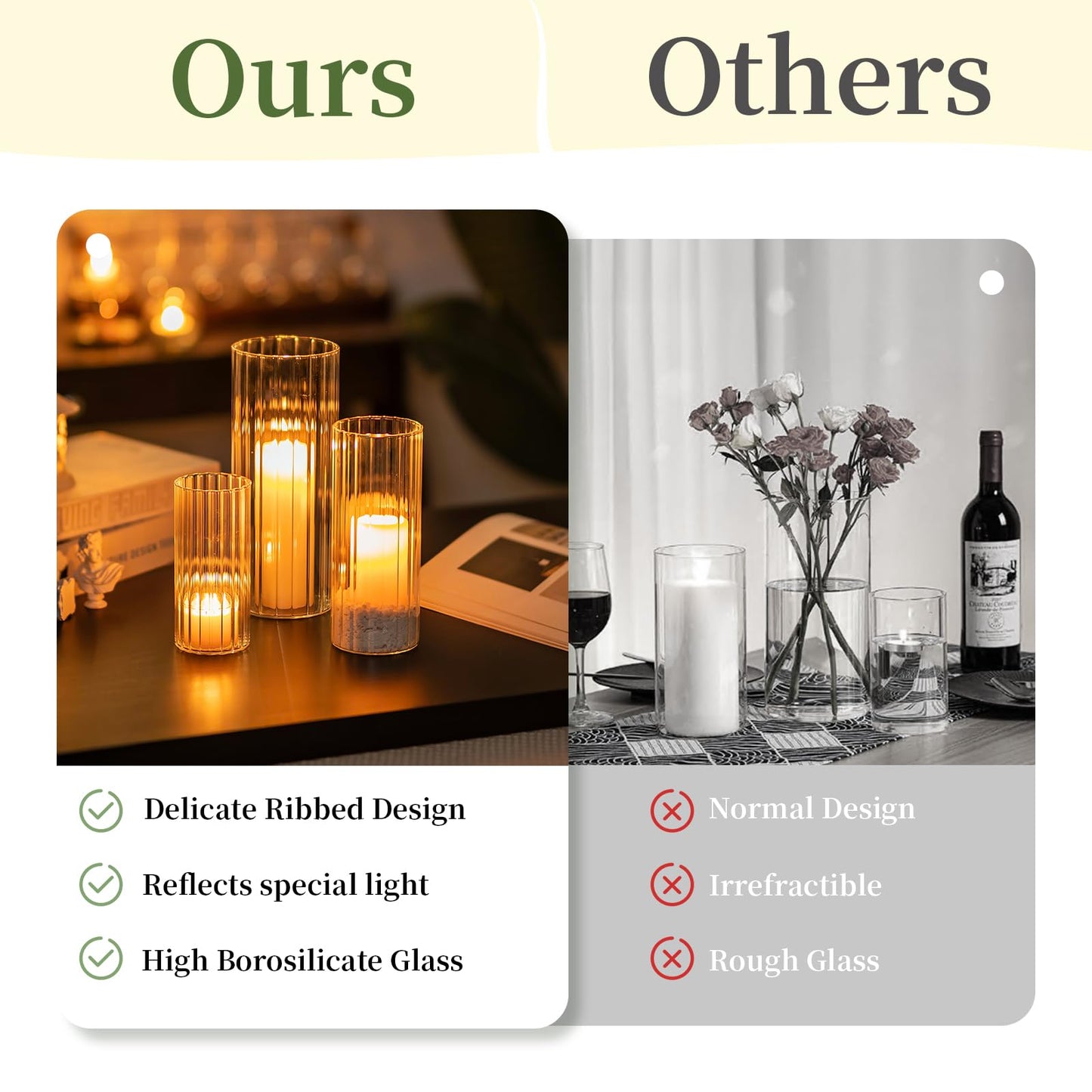 Glasseam Ribbed Glass Candle Holder, Cylinder Candle Holders for Pillar Candles, Clear Hurricane Candle Holder Set of 6, Decorative Floating Candle Vases for Centerpieces Wedding Table Decorations
