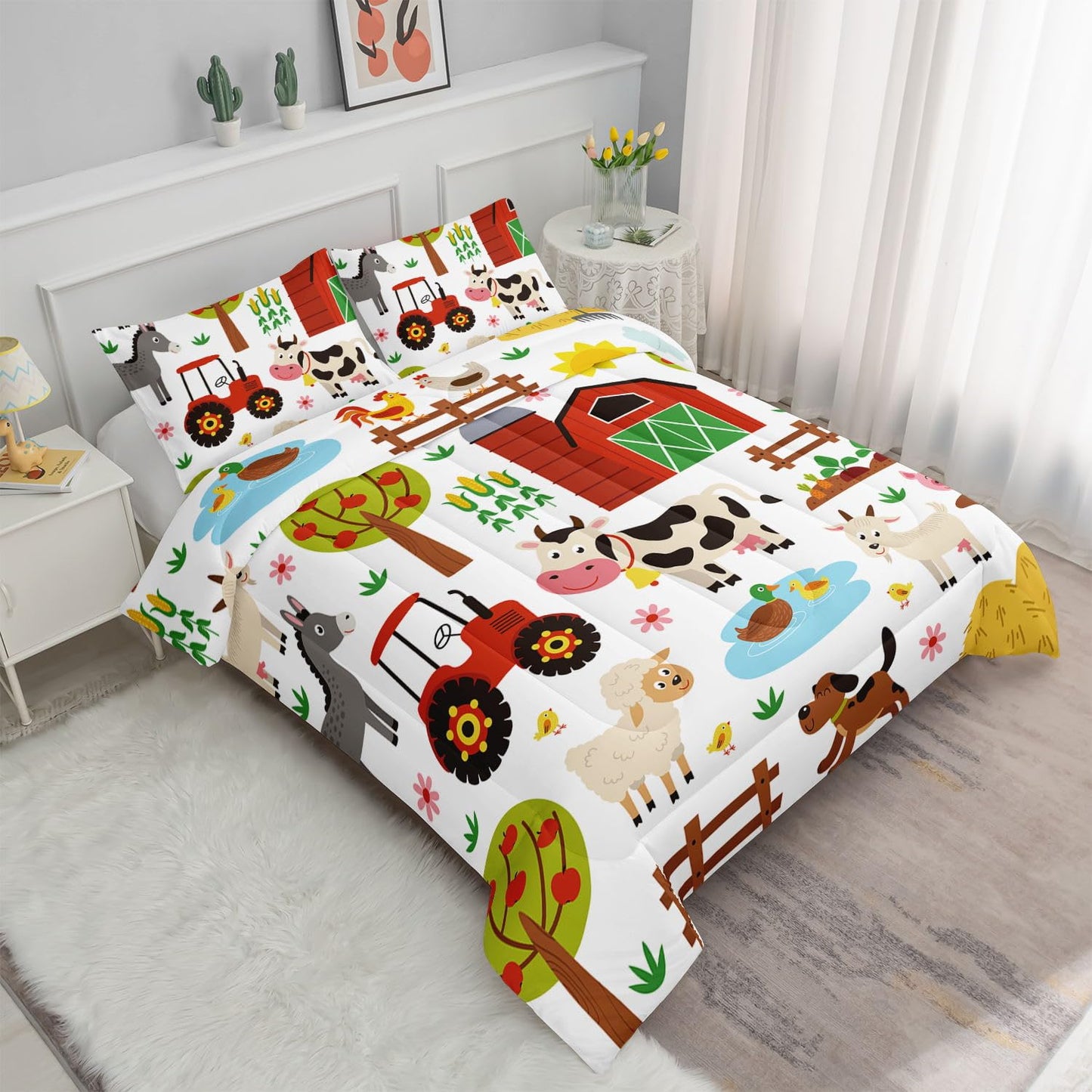 Smell Sunshine Kids Comforter Set Farm Theme Printed Pattern Bedding Set with 1 Comforter and 2 Pillowcases for Girls Boys Bedroom All Season(Farm Theme01 Twin)