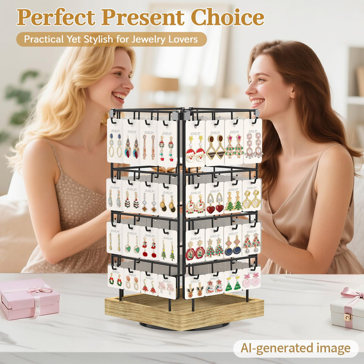 MODOWEY Earring Card Display Stand for Vendors, 64 Hooks Rotating Organizer Tree Holder, 4 Tier Jewelry Rack with Wooden Base for Stud Pierced Earring Selling, Grab Attention to Boost Sales, Oak