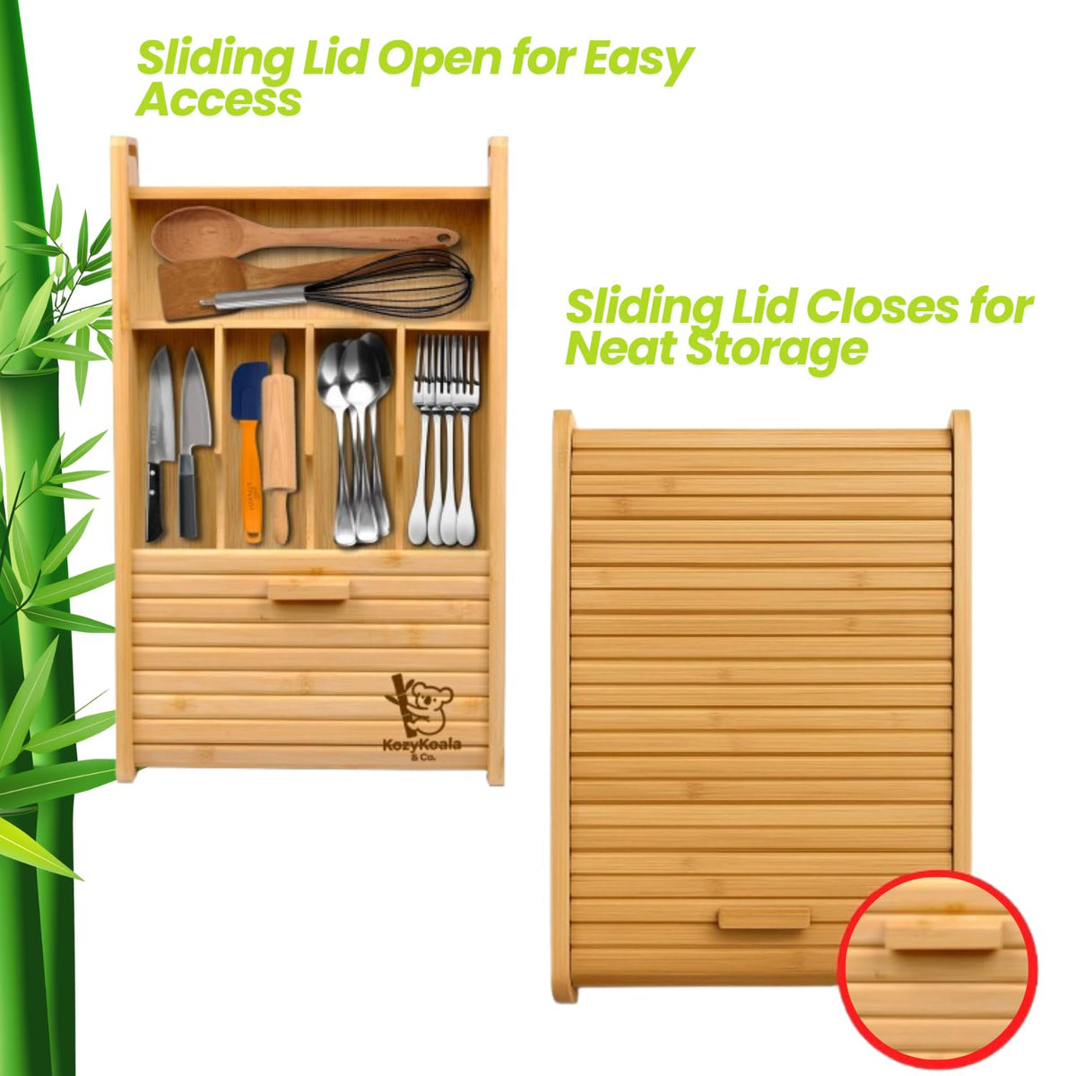 KozyKoala & Co. Bamboo Drawer Organizer with Sliding Lid - 5 Slot Kitchen Drawer Organizer & Utensil Holder - Wood Bamboo Cutlery Tray for Flatware & Multipurpose Storage for Home & Office