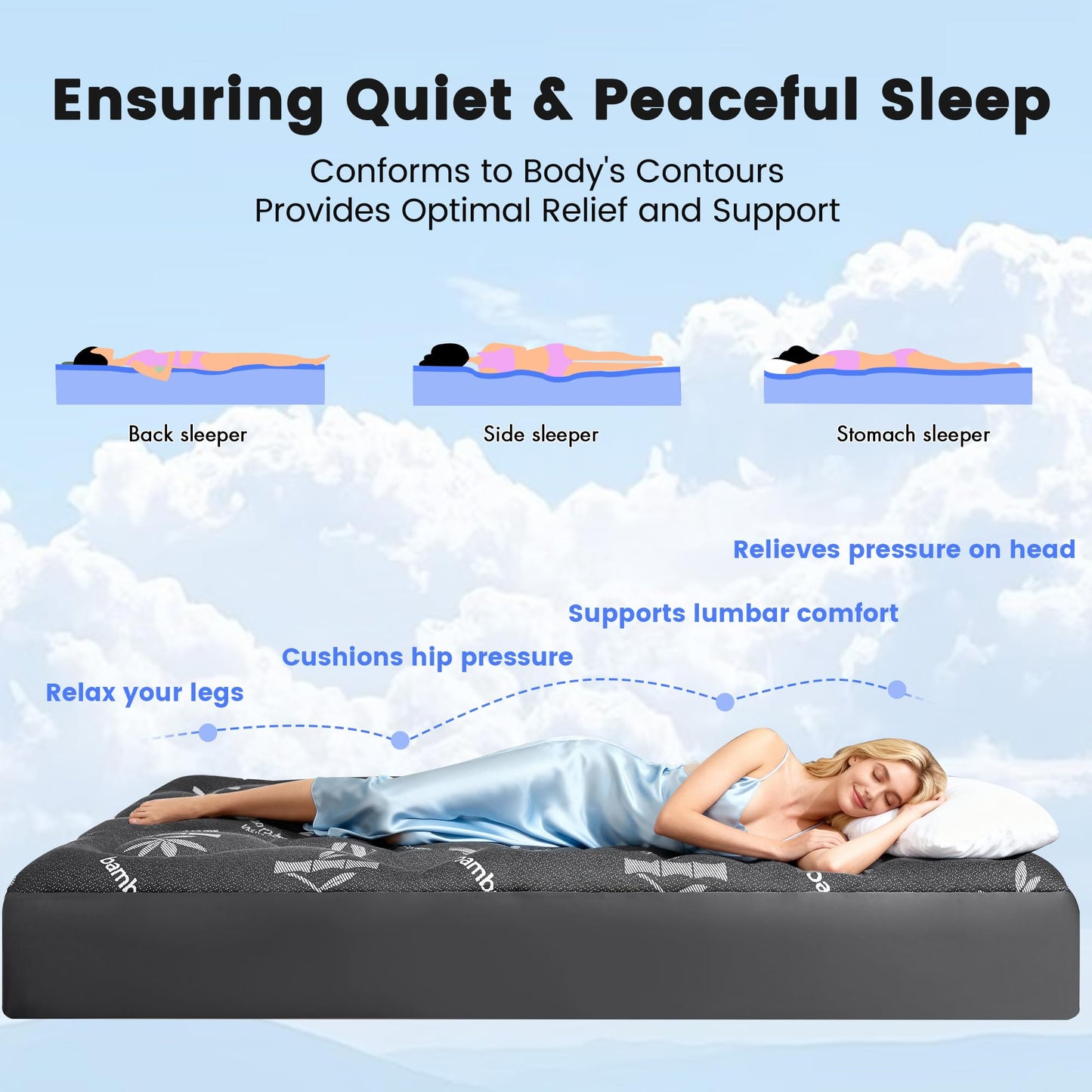 Mattress Topper Full Size - Viscose Made from Bamboo Pillow Top Mattress Pad with Deep Pockets - Soft Mattress Topper for Back Pain Relief(54"x75",Black)