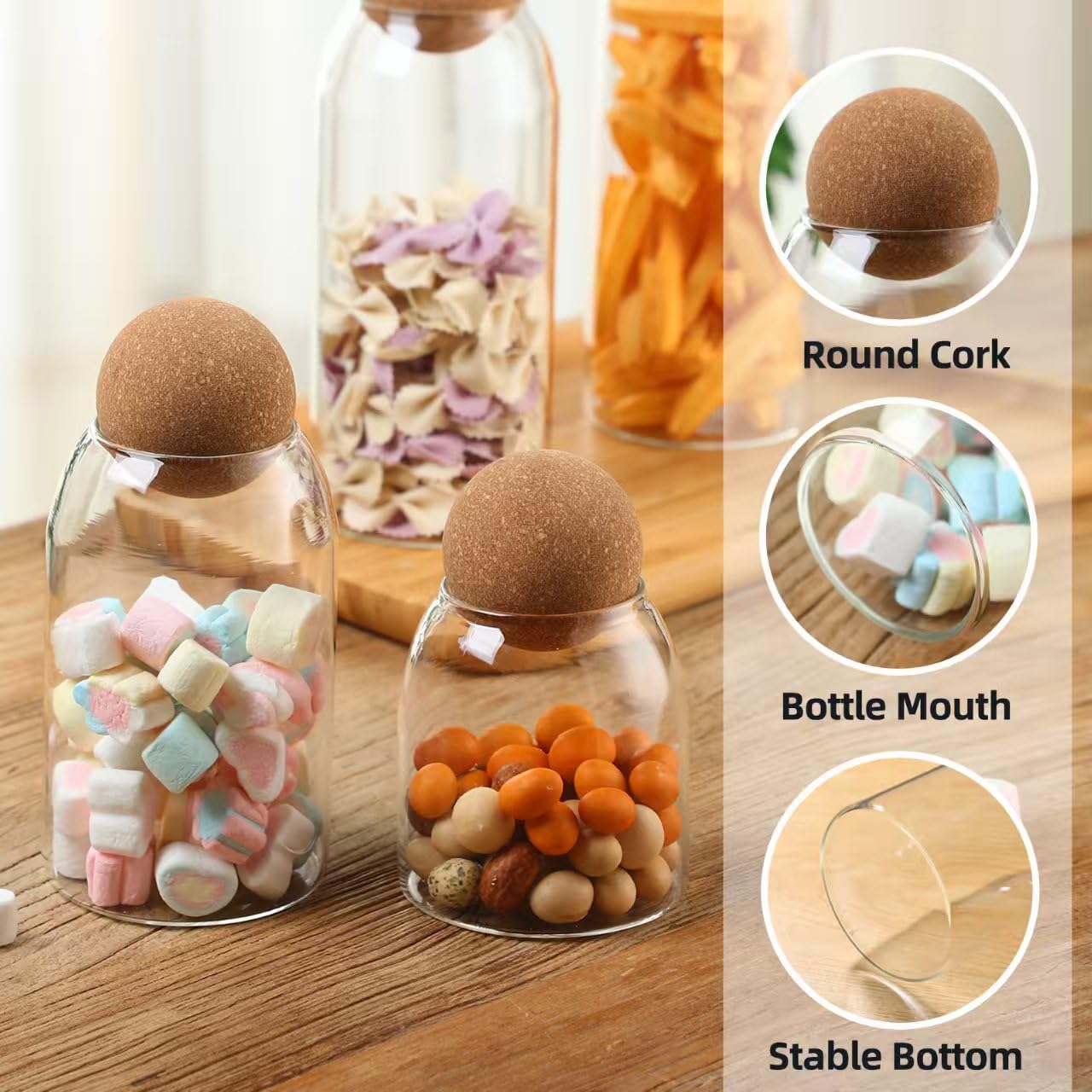 Glass Storage Jar with Ball Cork Lid, Clear Glass Canisters with Cork Ball,4Pcs High Borosilicate Glass Sealed Jar 16oz 26oz 36oz 46oz, Used for Storing Candies, Salt, Tea, Seasonings, Cookies, etc