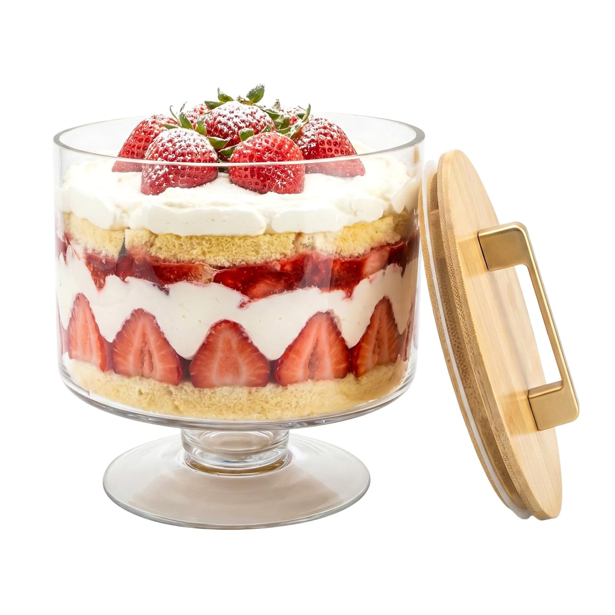 Piszvbej Trifle Bowl with Pedestal and Lid, Crystal Clear Glass, Wood Lid with Convenient Handle and Sealing Ring, for Laying Layered Dessert, Ice Cream and Cake, Ideal for Party Displays