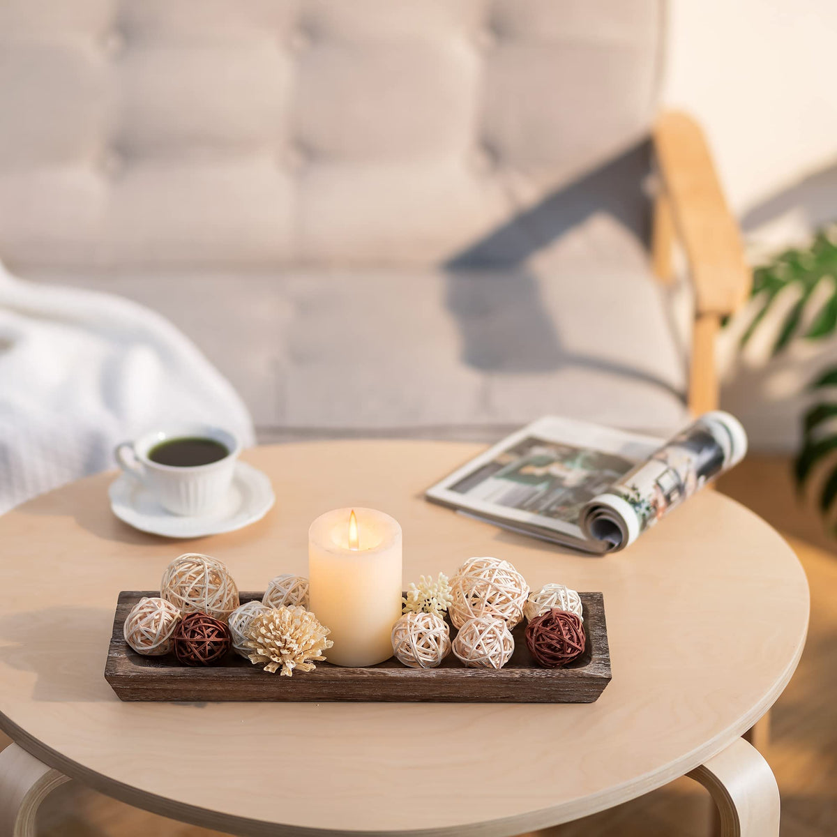 Hanobe Wooden Tray for Candle Decorative: Wood Rustic Long Centerpiece Trays Rectangle Narrow Farmhouse Decor for Dining Coffee Table Kitchen Fireplace Mantle