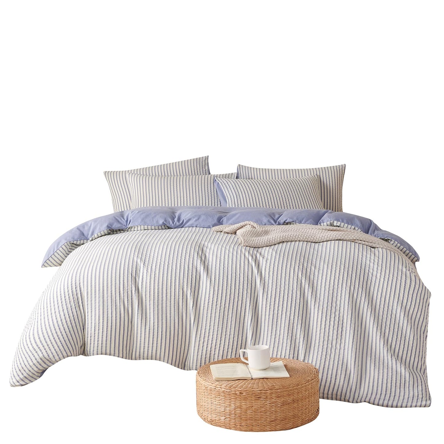 BUPIRD Comforter Set Queen Striped Blue 100% Soft Washed Microfiber Jacquard 3 Pieces Striped Bedding Sets Blue White Comforter for All Seasons and 2 Pillowcases Comfort Breathable