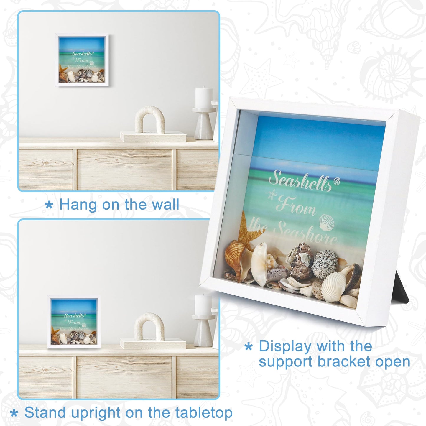 FramePro 8"x8" Seashell Holder Display case-Seashells Agates Shark Teeth Starfish Trinke, Seashell Collection Box Decorative Shadow Box with Real Glass ,Wall Mount or Tabletop (White)