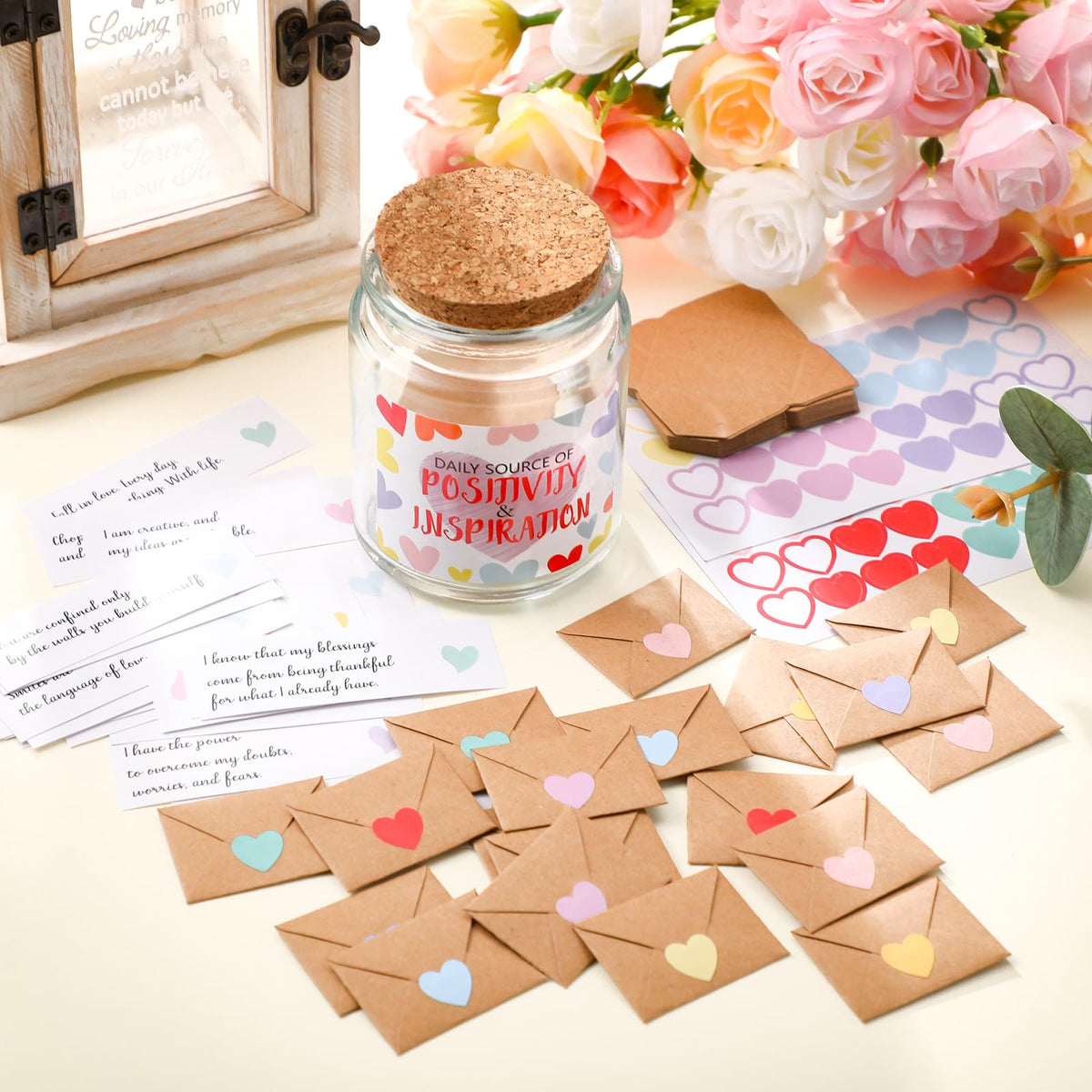 Maitys Positive Affirmation Gifts Include Positive Glass Jar with 60 Inspirational Quotes Cards 60 Mini Envelopes and 64 Heart Stickers Encouragement Appreciation Cards Gratitude Gifts for Women Men