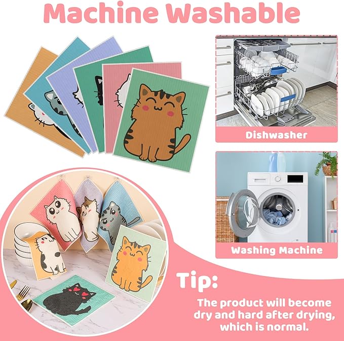 6 Pack Swedish Dishcloths for Kitchen, Cat Gifts for Cat Lovers Swedish Rags