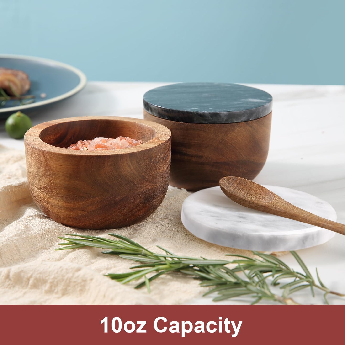 jalz jalz Large Acacia Wood Salt Cellar with Marble Lid - 10oz Heavy Salt Box Pepper Pinch Pot with Spoon - Natural Solid Wood Spice Container Decorative White Grey Marble Cover for Kitchen Counter