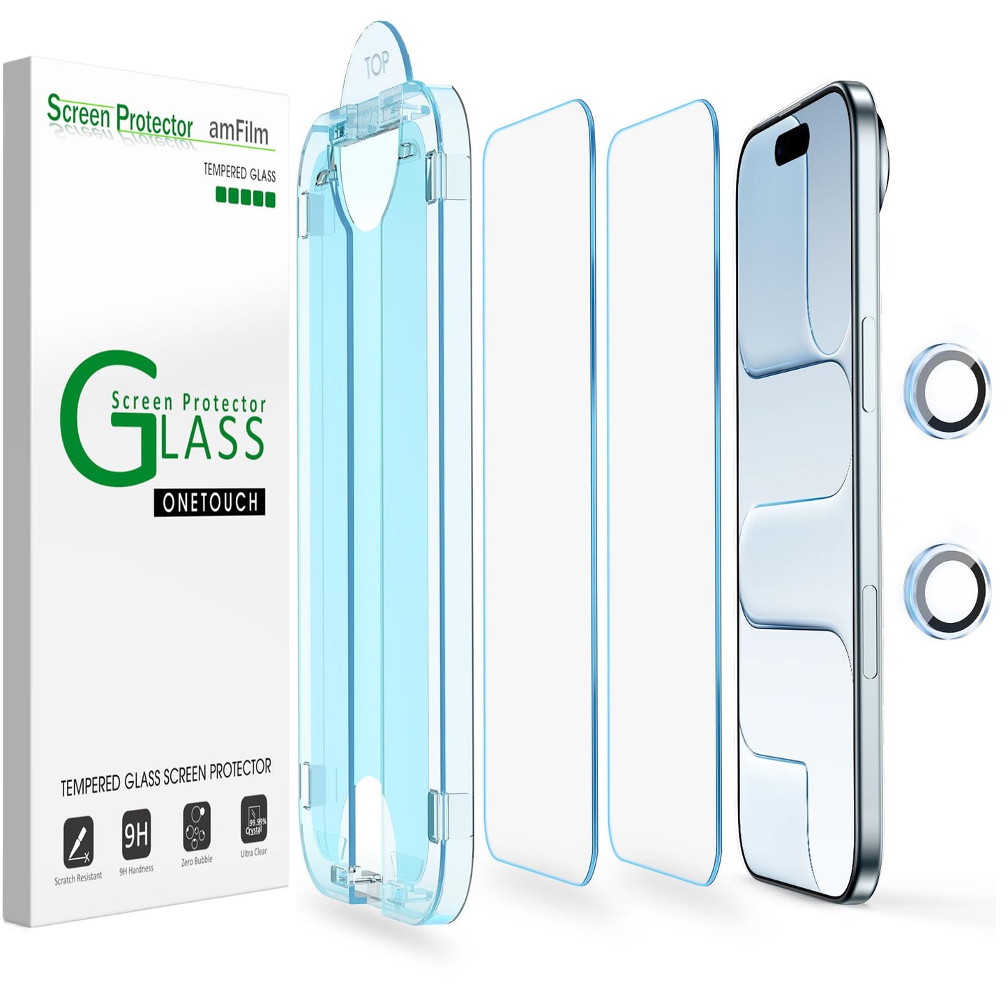 amFilm Easiest Installation OneTouch for iPhone 15 Pro Max Screen Protector [6.7 Inch] Tempered Glass + Camera Lens Protector, Auto-Alignment Tech, Bubble Free, Case Friendly, Anti-Scratch [2+2 Pack]
