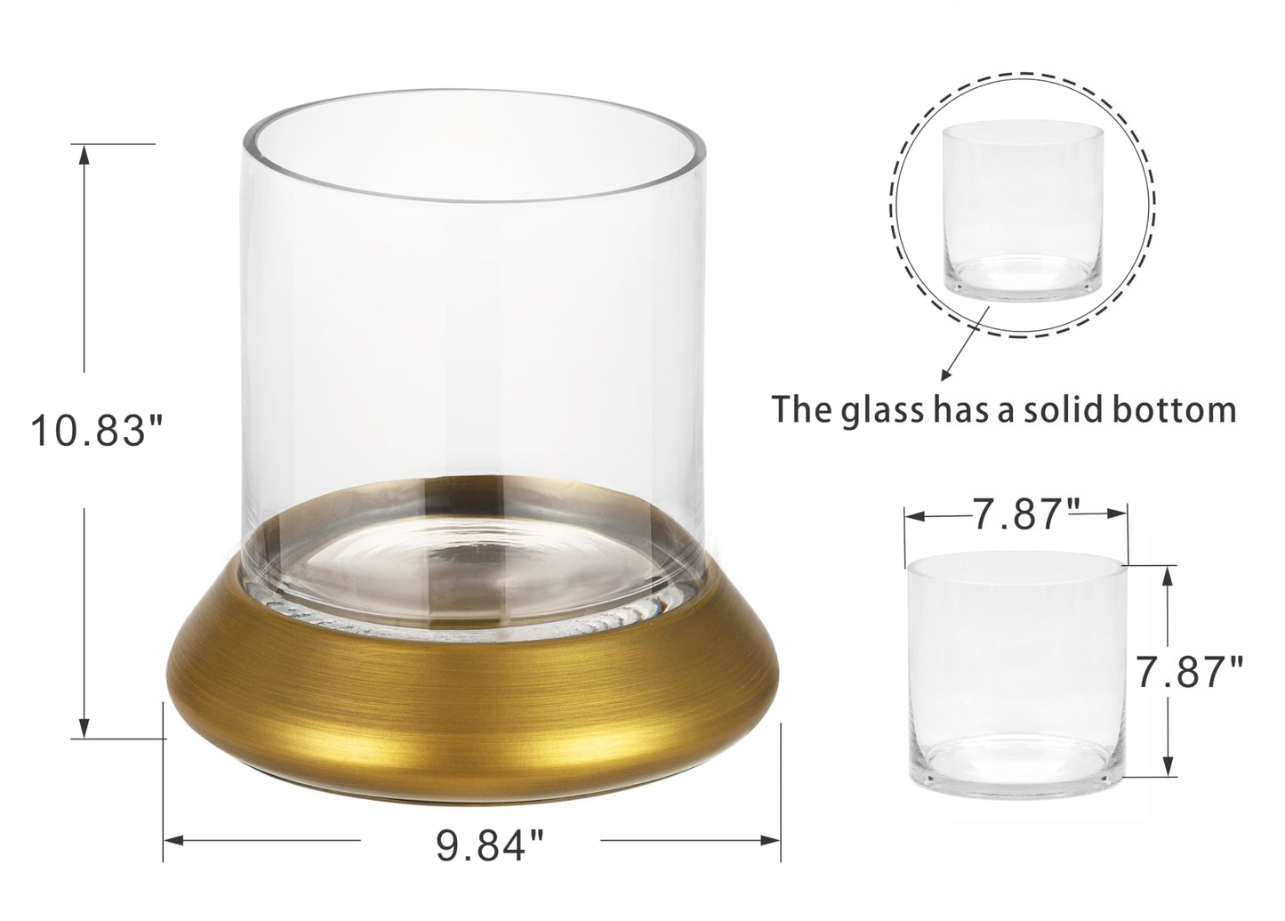 10.5" Farmhouse Glass Hurricane Candle Holder & Glass Vase with Metal Base in Antique Brass for Pillar & Flower Arrangement, Candlestick Holder, Terrarium, Centerpiece, Console, Dining Table, Mantel