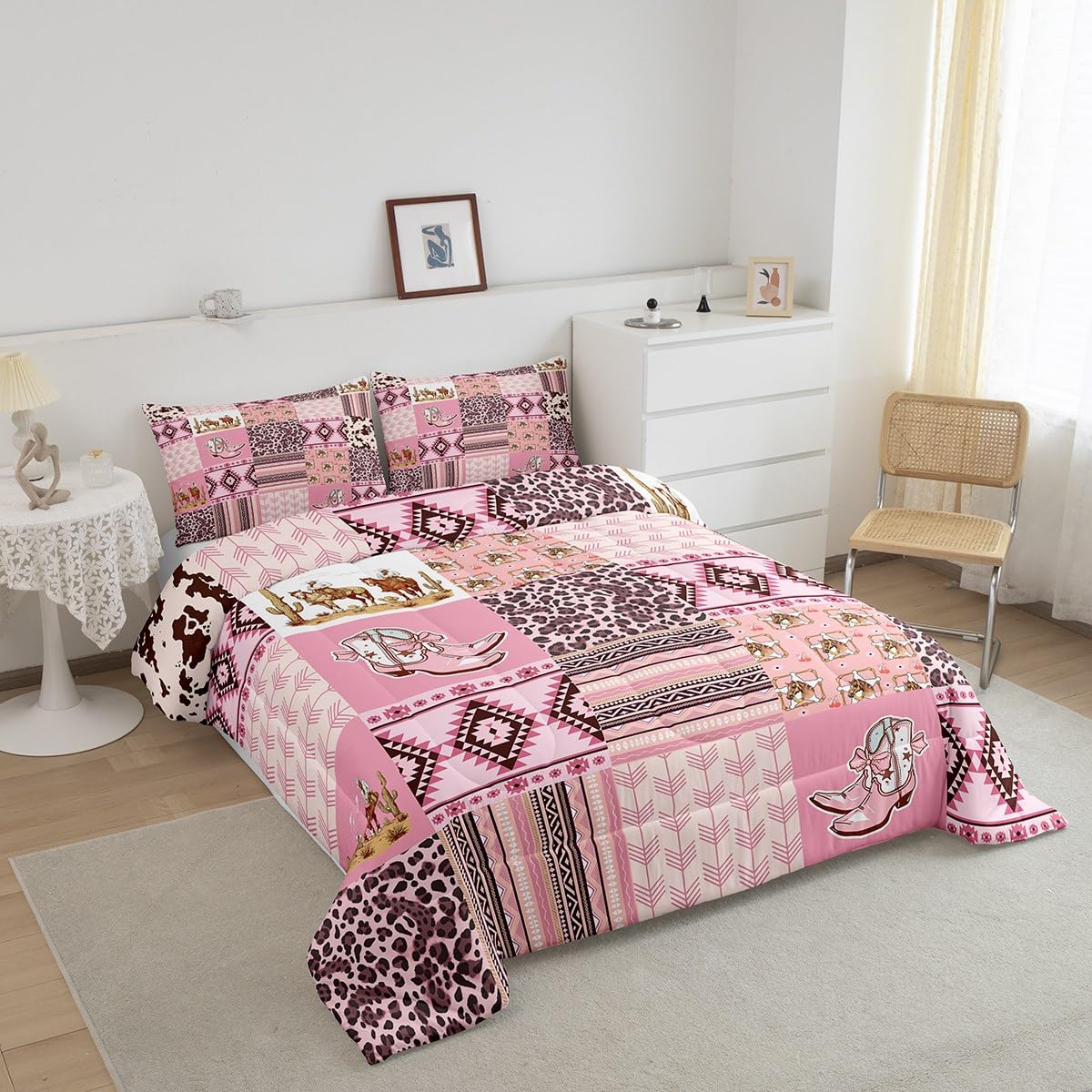 Feelyou Pink Aztec Bedding Set Full Size, Kids Western Decor Comforter Set Wild West Cowboy Cowgirl Comforter Boho Style Duvet Insert Bed Set 3Pcs