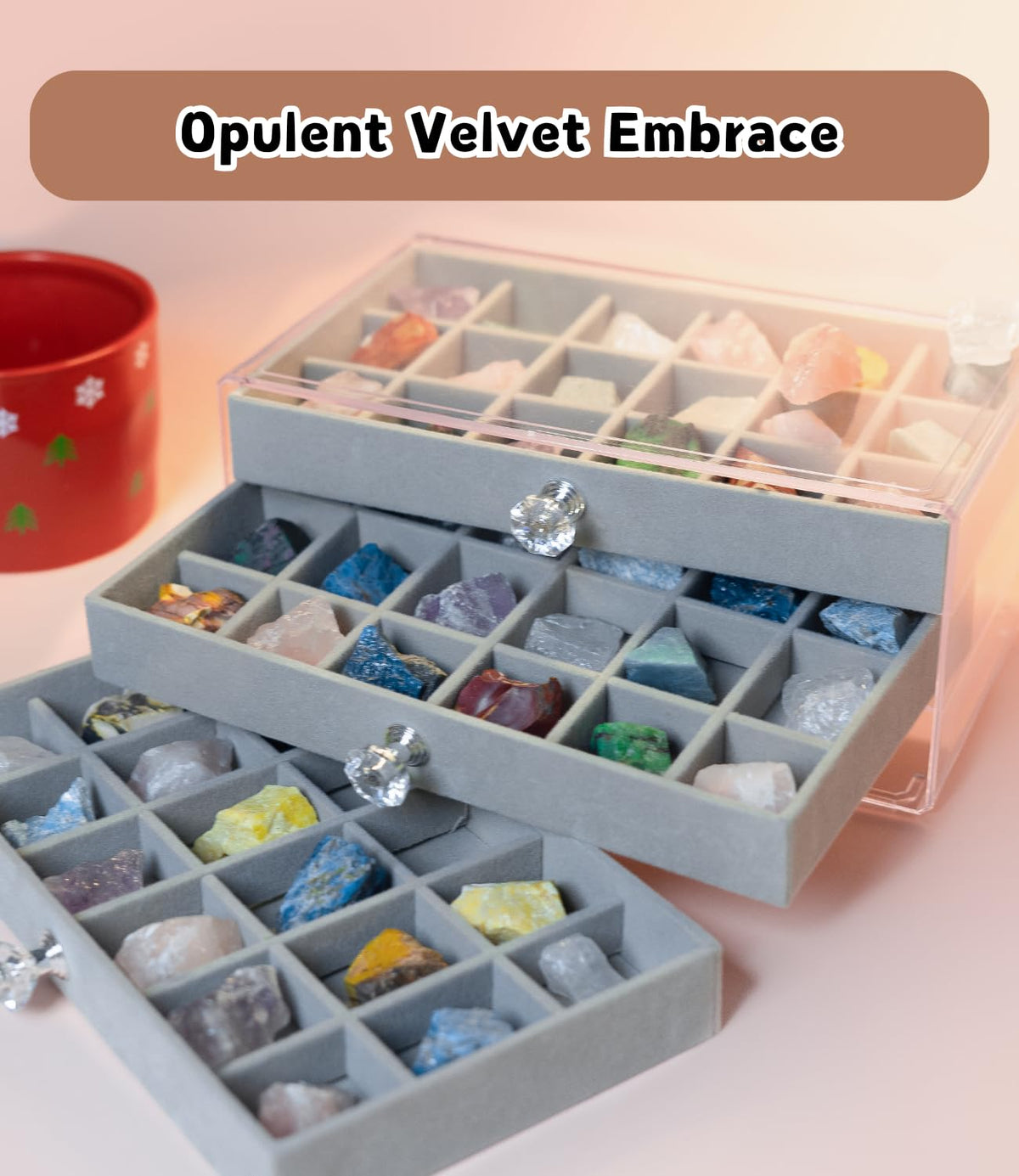 Acrylic Mineral Display Case - 3-Layer Rock Collection Box with 54 Grids & Velvet Lined Drawer | Anti-Tarnish & Dust-Proof Storage for Crystals, Gemstones, Fossils | Jewelry and Specimen Organizer