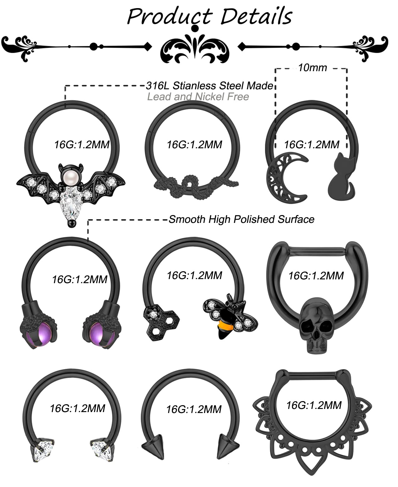 LOREMOW 9 PCS 16G Stainless Steel Horseshoe Septum Rings for Women Cartilage Helix Tragus Earrings Daith Earrings Hoop Snake Bat Gothic Piercing Jewelry B