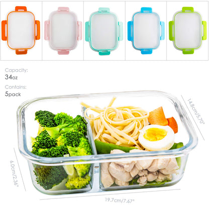 UMEIED Glass Meal Prep Containers 2 Compartment with Lids (5 Pack, 36oz), Divided Glass Storage Containers for Lunch at Work, Leak-Proof Portion Control Food Containers, Microwave/Dishwasher Safe