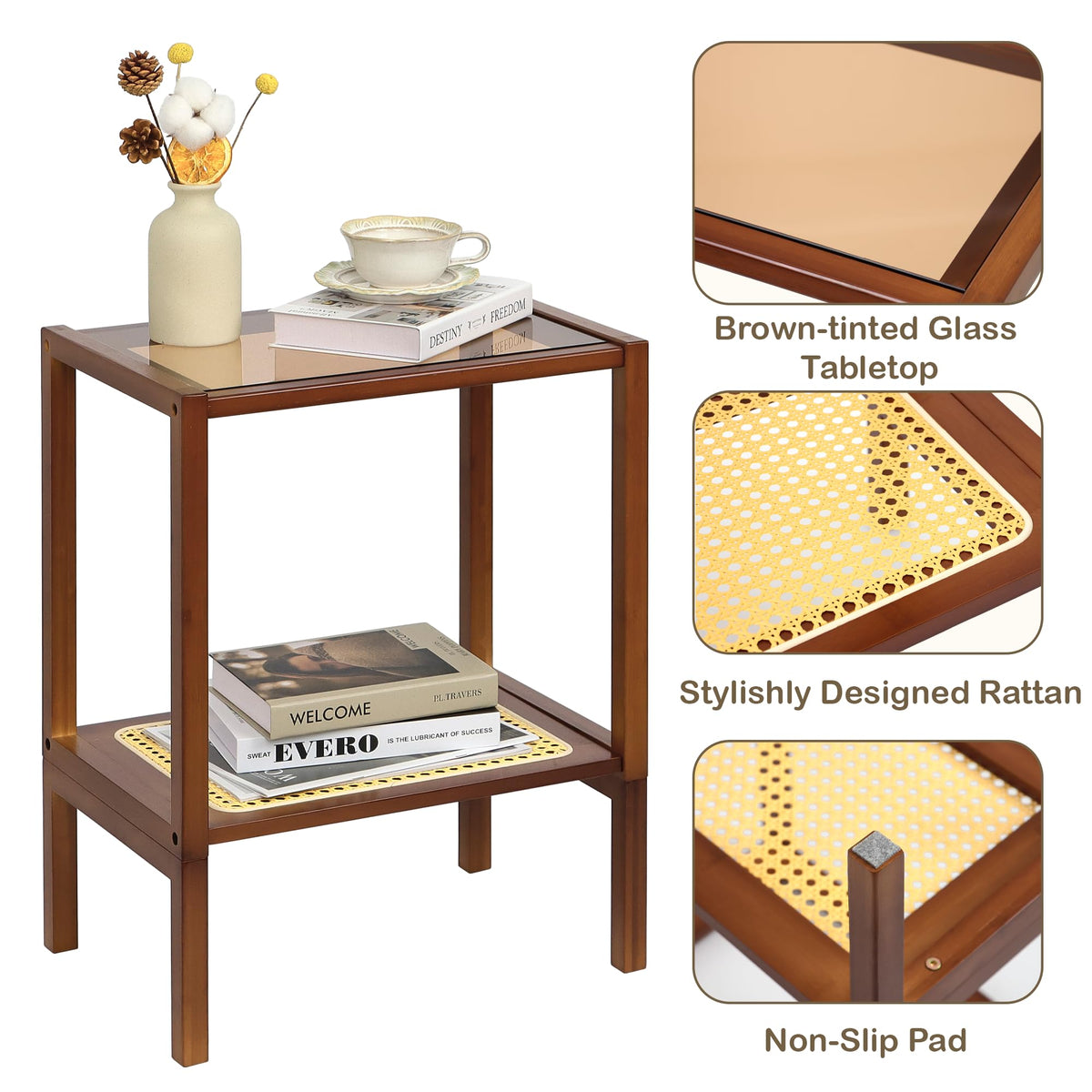 Mordchil HF 2-Tier Bamboo Side Table, Modern Glasstop Rattan Side Table, Mid Century Wood Sofa-Side End Tables for Living Room, Bedroom Night Stand with Storage, Small Narrow Coffee Tables, Walnut