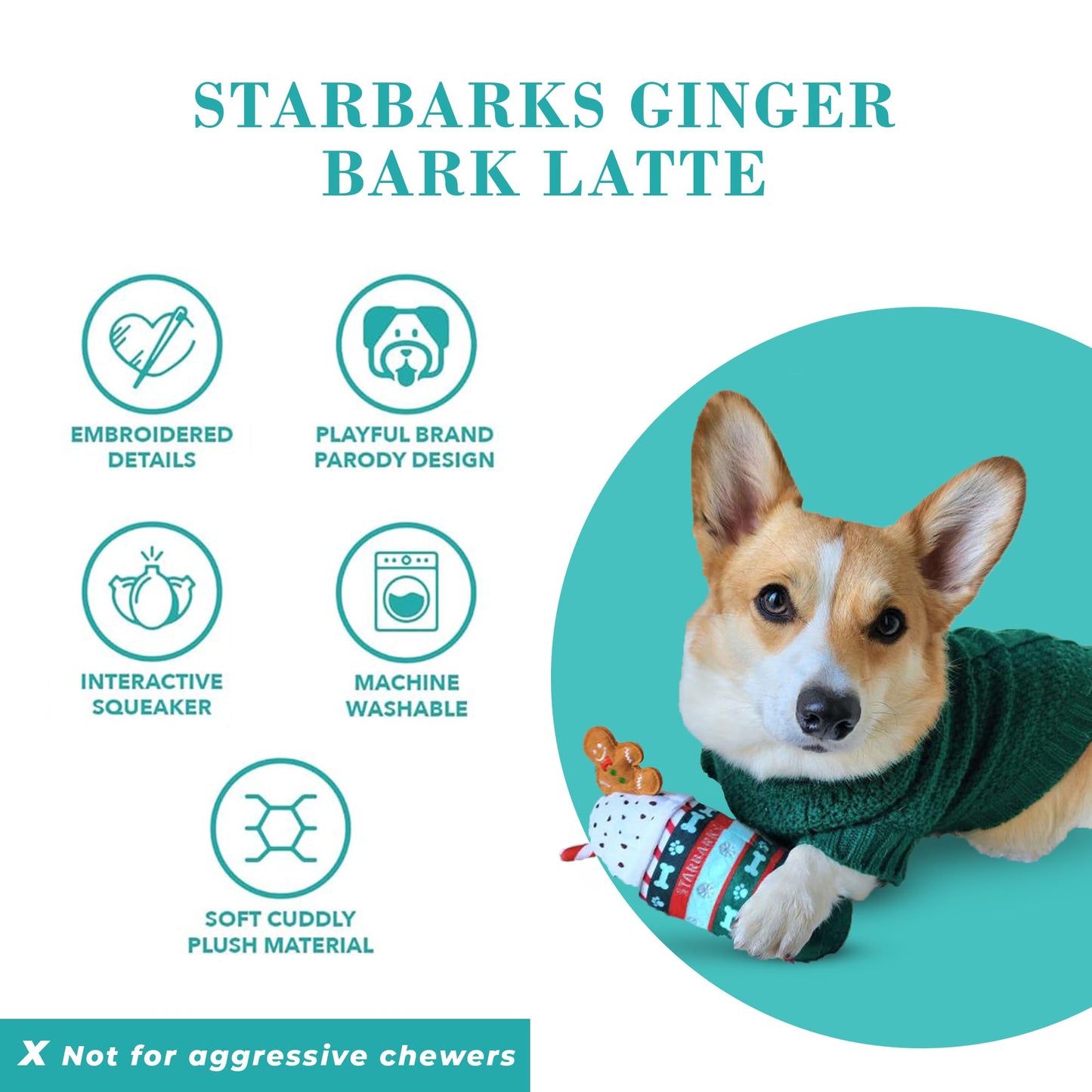 Haute Diggity Dog Starbarks Ginger Bark Latte, Plush Holiday Christmas Dog Toys with Interactive Squeaker, Stimulating Pet Enrichment, Machine-Washable & Safe Materials for All Breeds, One Size