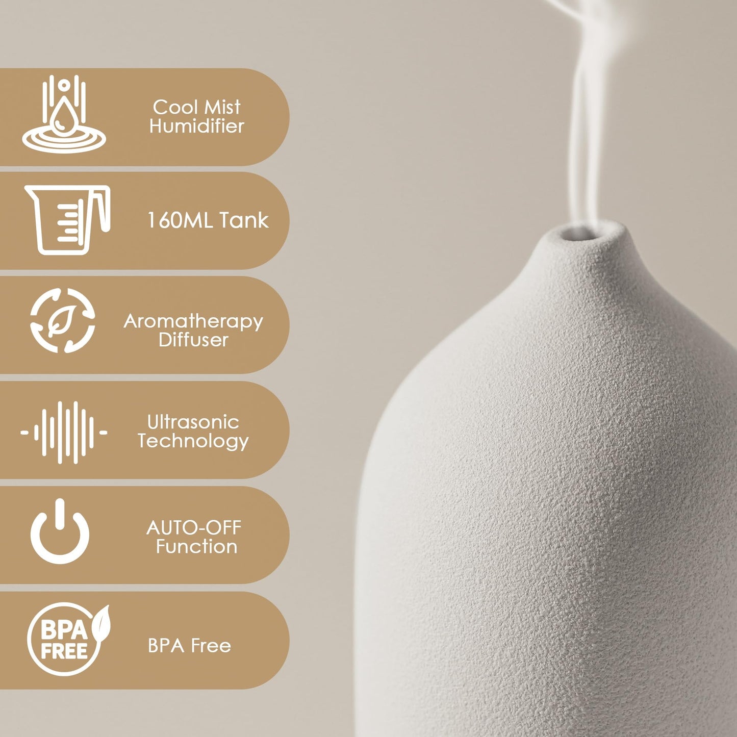 Diffuserlove Ceramic Essential Oil Diffuser 160ML Aromatherapy Diffuser for Home Bedroom Room Cool Mist Humidifier Stone Air Diffusers (Size:6.8" H x 3.6" W)