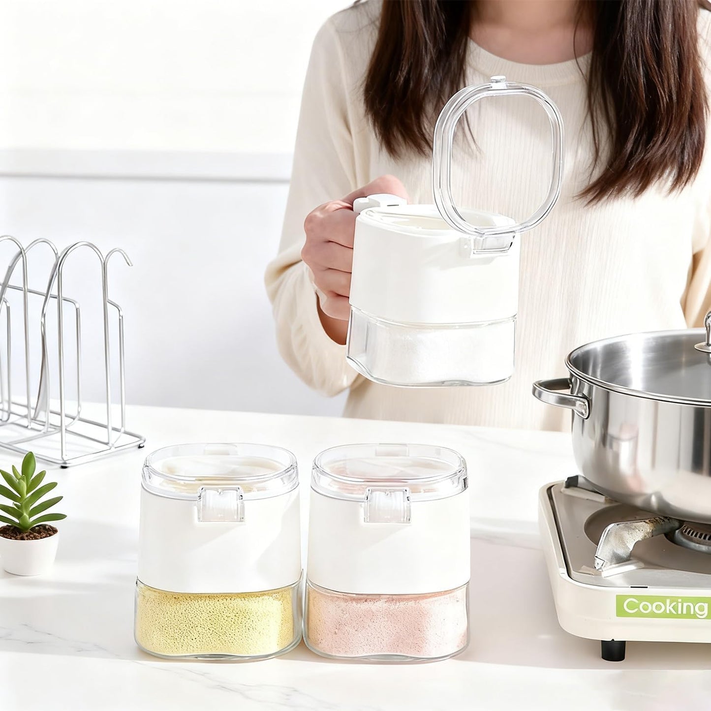 Spaxly Airtight Glass Spice Jars with Lids, 16 oz- One-Touch Open & Leakproof Containers for Salt, Sugar, Dry Goods, Moisture-Proof Kitchen Storage