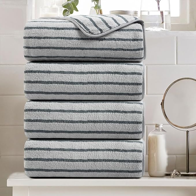 Oliven 4 Piece Grey Cabana Stripe Large Bath Towels Oversized Bath Sheet Super
