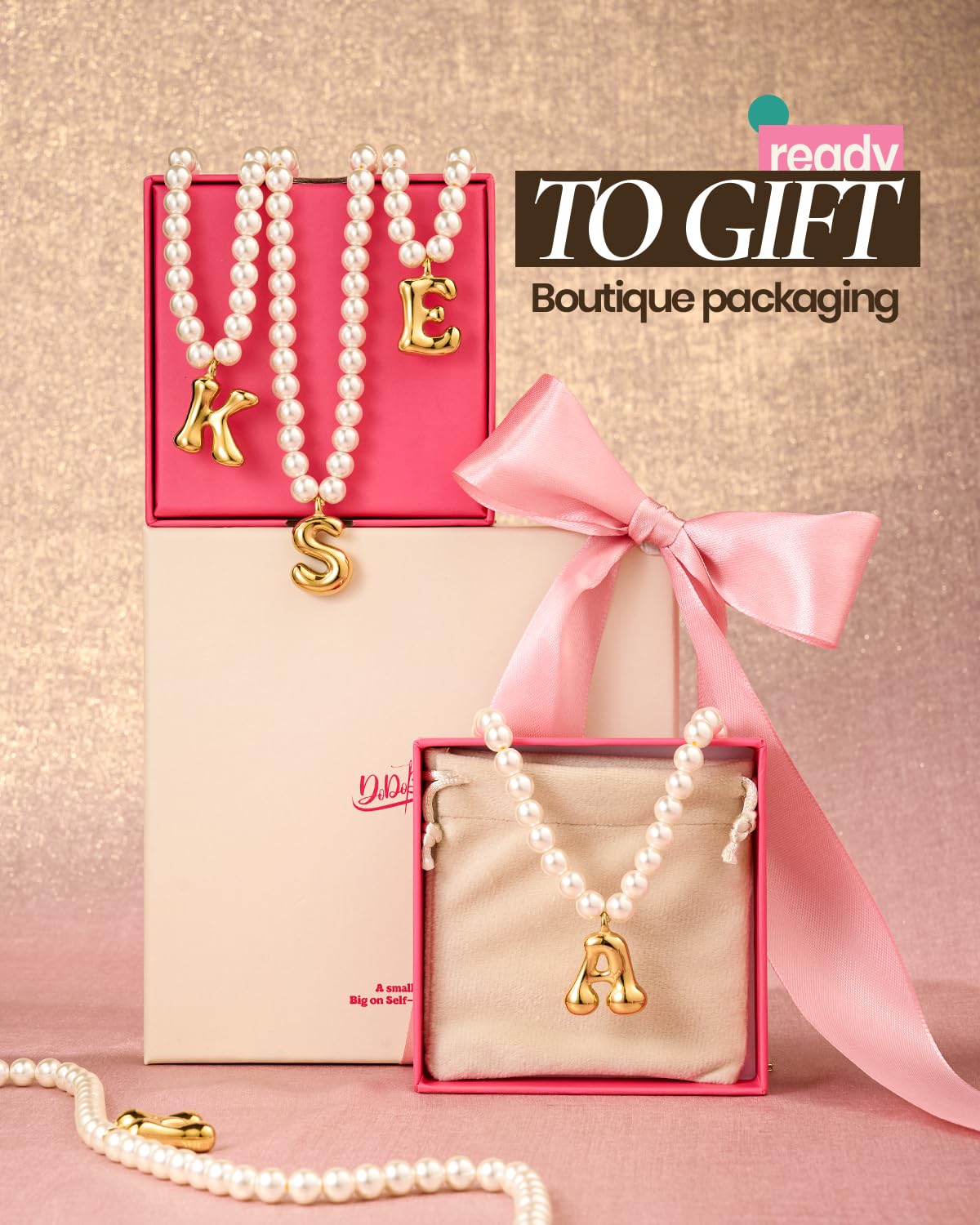 DoDoBeads Pearl Initial Necklace, 18K Gold Plated Stainless Steel Balloon Letter Pendant J, Non-Tarnish Waterproof Chunky Monogram Jewelry Gifts for Women Teens