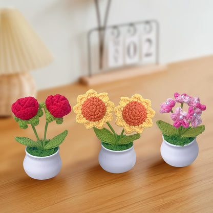 Rimvoe 3pcs Crochet Flower Pot, Sunflower Red Rose Forget Me Not Small Potted Flowers, Mothers Day Valentines Gifts for Mom Wife, Cute Desk Decor for Women Office Car Dashboard
