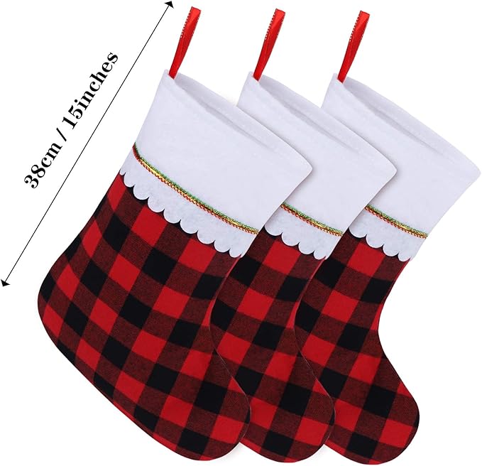 URATOT 12 Pack 15 Inches Christmas Stockings Red and Black Plaid Pattern Felt Christmas Holiday Stockings Christmas Tree Hanging Ornaments Xmas Fireplace Decoration Set