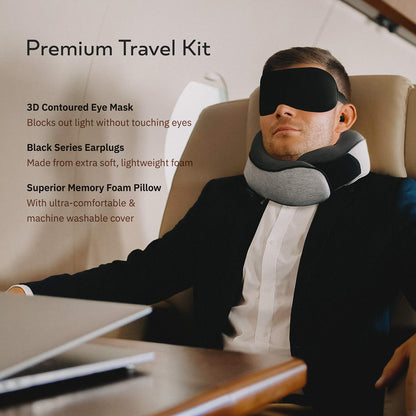 Proglobe Travel Pillow, Memory Foam Neck Pillow Set, Orthopedic Pillow, Travel Essentials for Flying, Kit with 3D Contoured Sleep Mask, Earplugs and Luxury Mesh Bag (Grey)