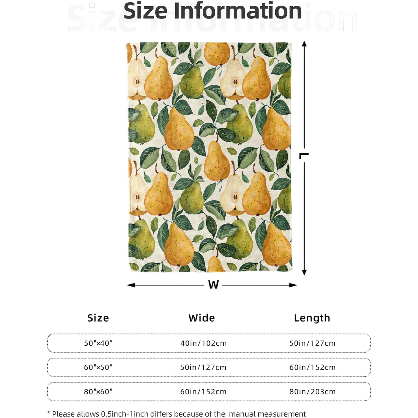 POCEZO Fresh Pear Blanket for Home Decoration, Sweet Fruit Design, Kids Boys Girls Women Gifts, 50"x60", Soft Fleece, Lightweight and Breathable, Ideal for Sofa Bed Office Picnic Dorm
