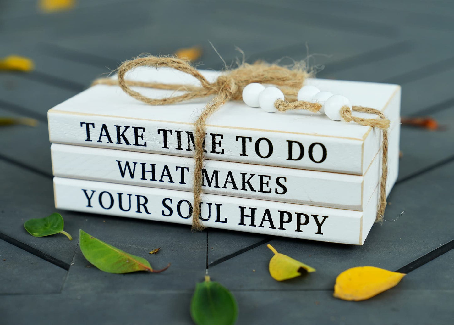 LARAINEIK 3 Pieces Wooden Decorative White Books, Rustic Farmhouse Faux Books for Coffee Table Shelves with Wood Bead Tassels and Leaves, 7'x 4.6'x 2.5' (Take Time to Do, What Makes, Your Soul Happy)