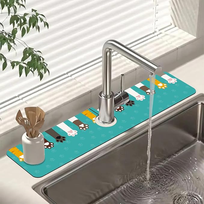 Sink Splash Guard Faucet Mat Cat Paws and Footprints Absorbent Fast Drying Mat