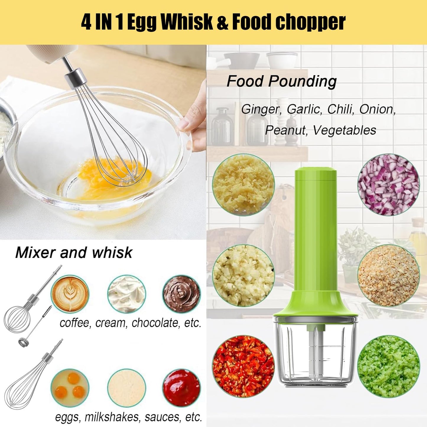 4-in-1 Electric Hand Mixer, Electric Whisk, Mini Onion Chopper 10Oz, Small Cordless Hand Blender, Milk Frother Wand for Coffee, Matcha, 4 Speed Rechargeable Food Processor for Baby Food Maker