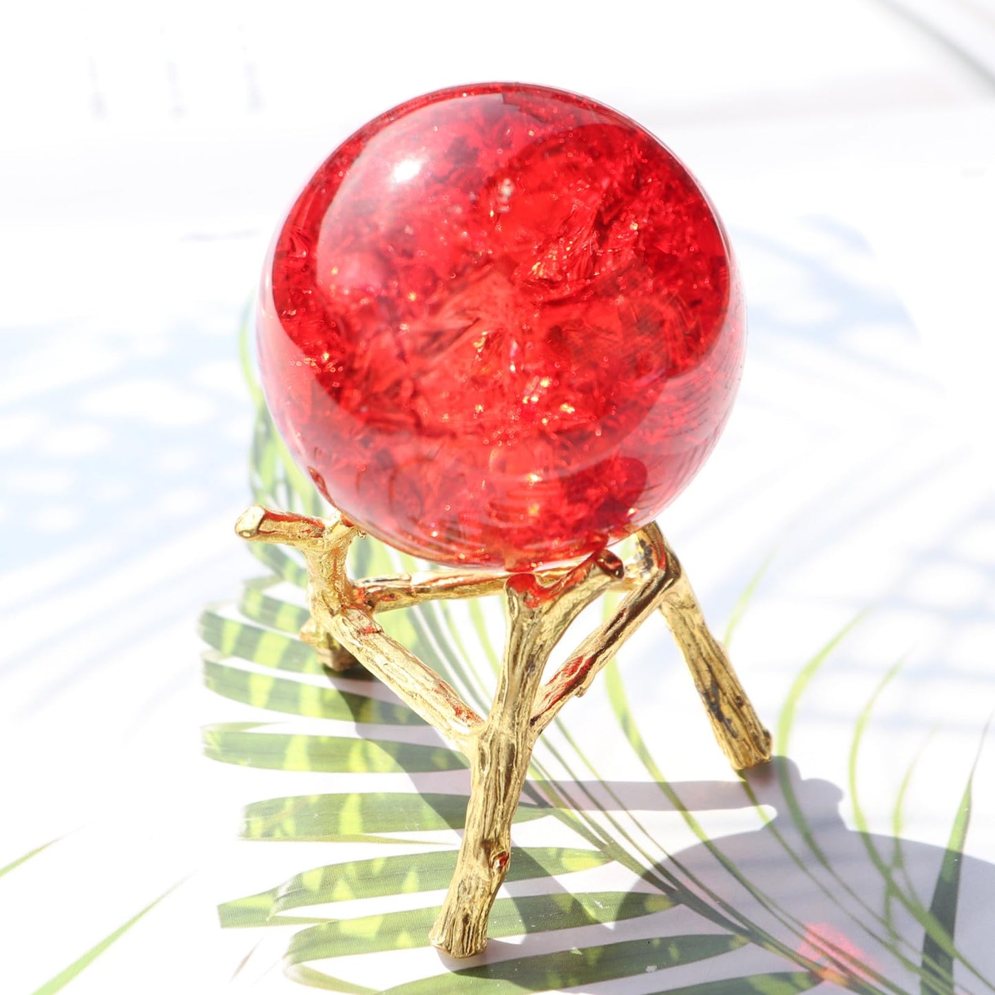 50mm Crystal Ice Cracked Balls with Metal Branches Base Paperweight K9 Glass Decorative Ball Decor for Home Table Room Office Wedding Ornaments (Red)