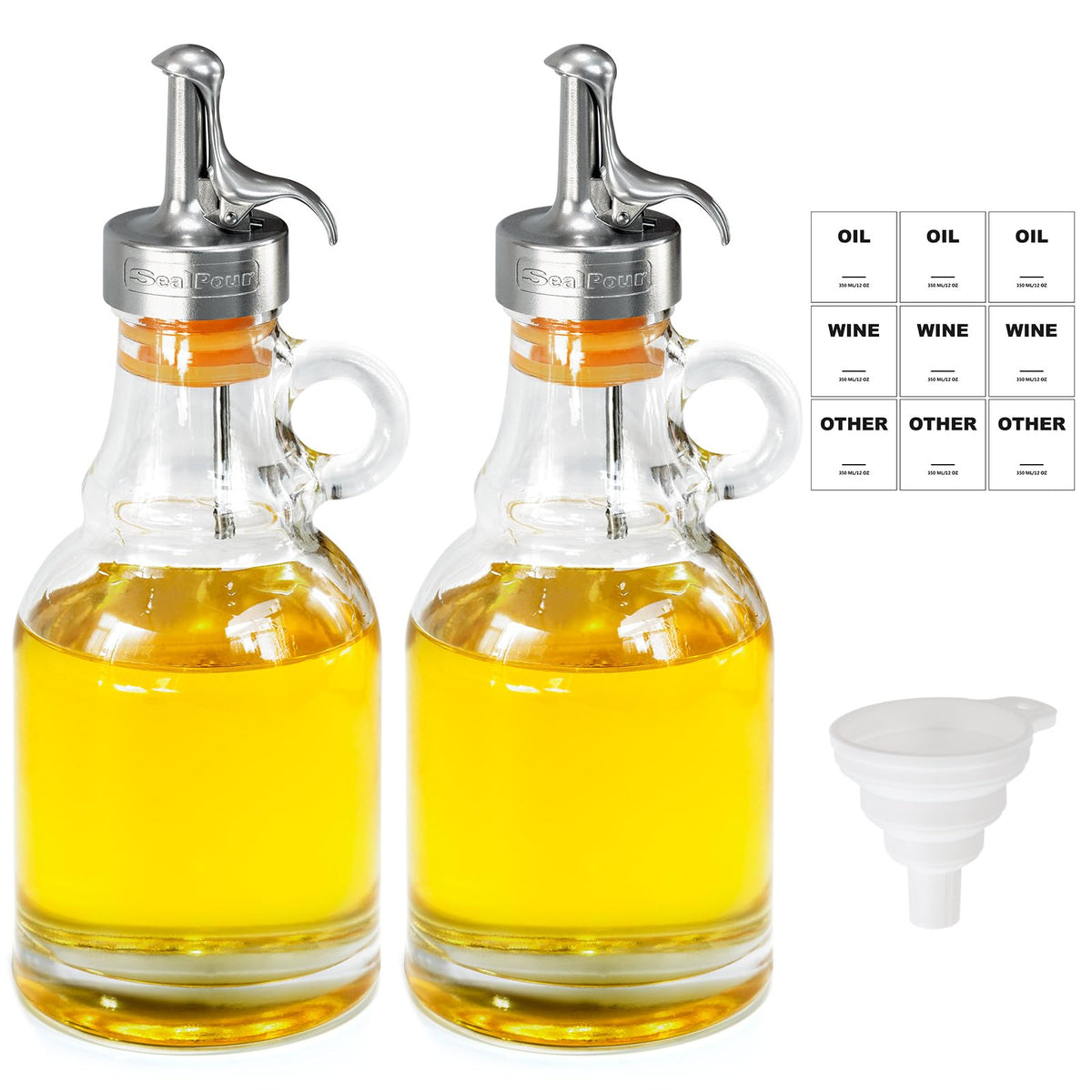 Olive Oil Dispenser Bottle,Glass Oil Dispenser with Stainless Steel Spouts,Oil Bottles for Kitchen, Oil Dispenser Bottle with Drip Free Spouts (2pcs) 12 oz