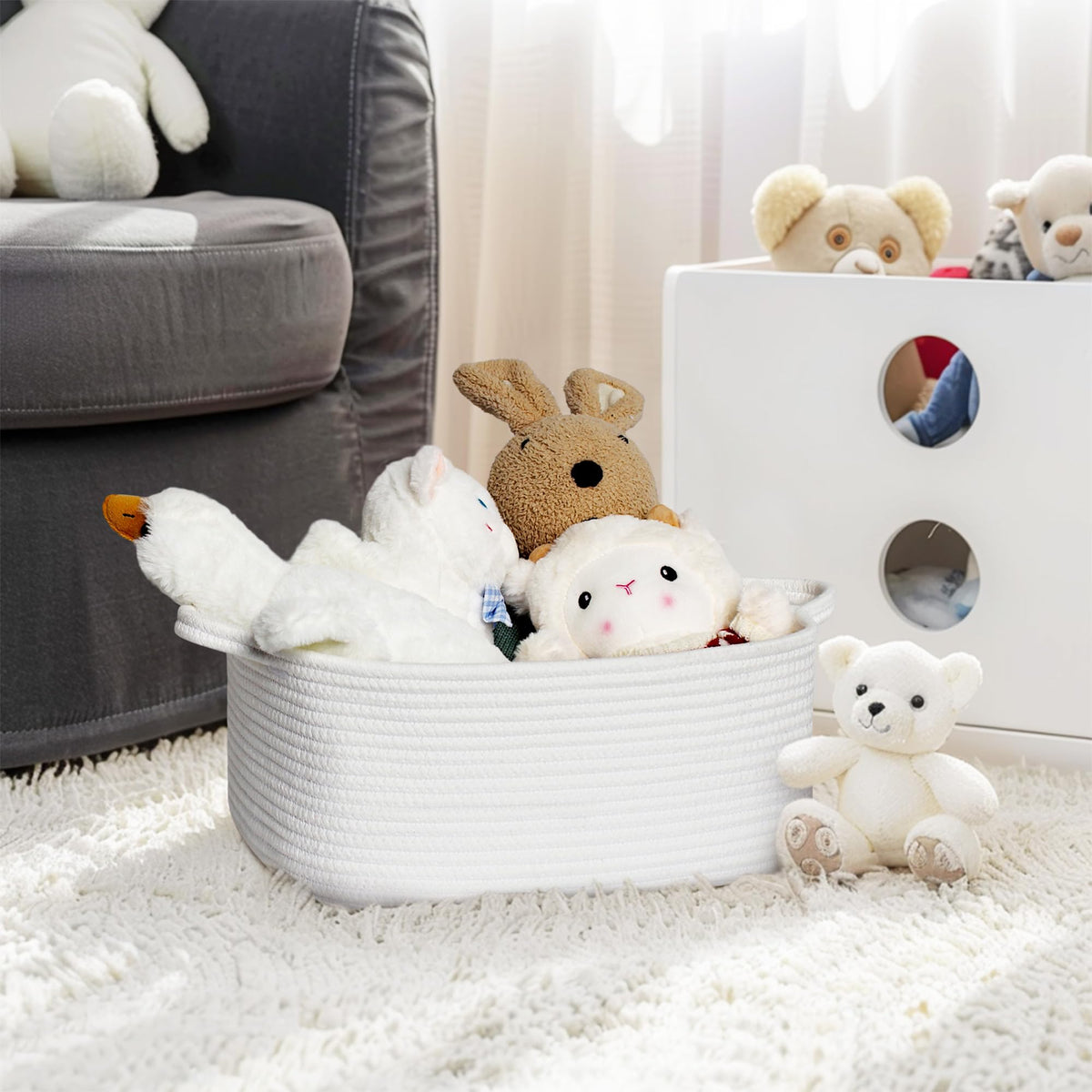 MEGASKET White Cute Cotton Rope Baskets for Organizing, 13.5"x10"x6" Woven Basket for Gifts Empty, Baby Nursery Closet Storage Organizer Bin, Cat Toy Bin Box, Decorative White Easter Gift Basket Empty