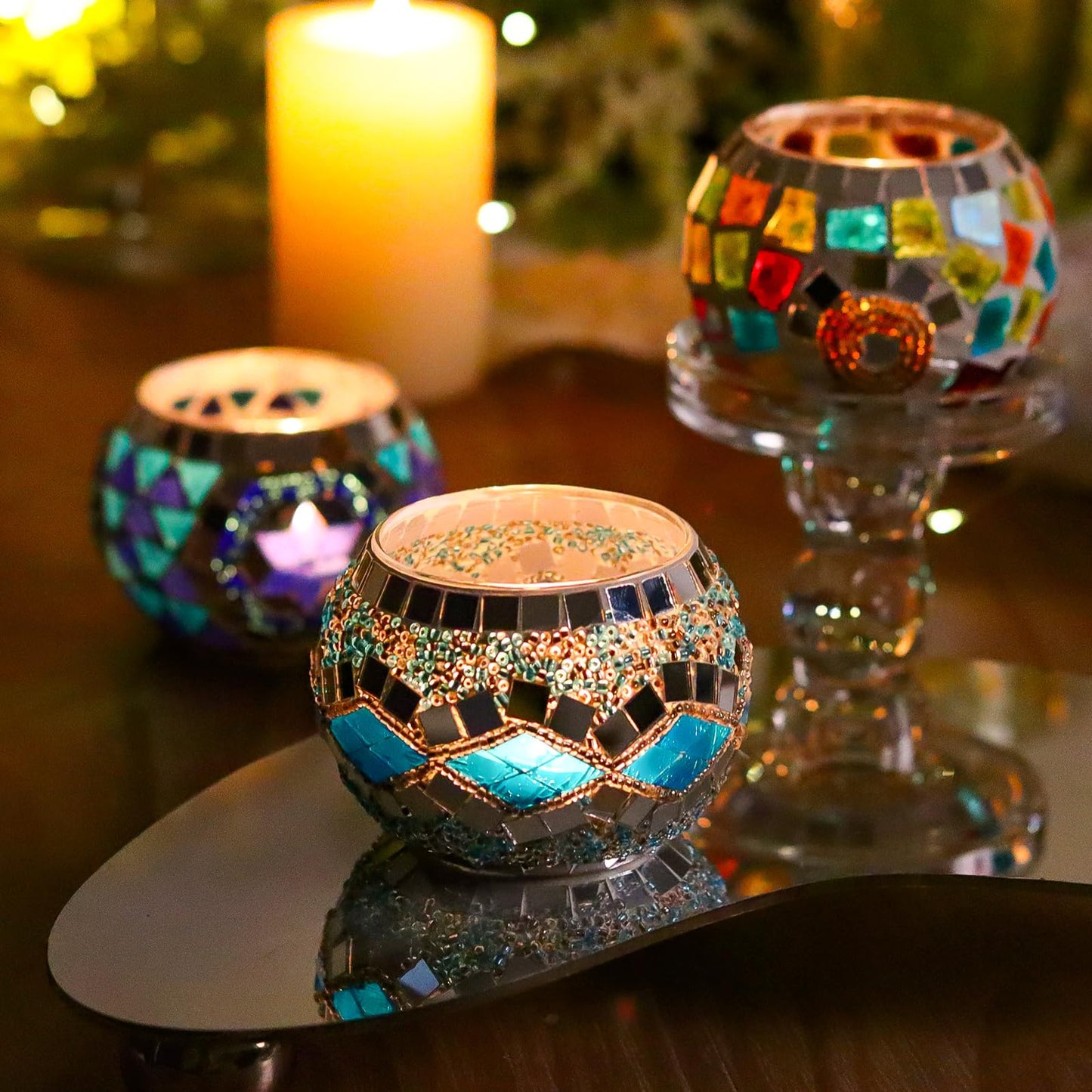 4PCS Mosaic Tealight Candle Holder Set - Blue Mediterranean Glass Votive Candle Holder for Summer Ocean Decor & Diwali Decorationr & Diwali Gift
