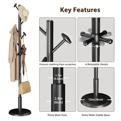 Taitiy Solid Wood Coat Rack Freestanding Coat Tree with 10 Hooks for Bedroom, Livingroom, Entryway, Sturdy Coat Hanger Stand for Hats, Coats, Scarves, Handbags, Purses