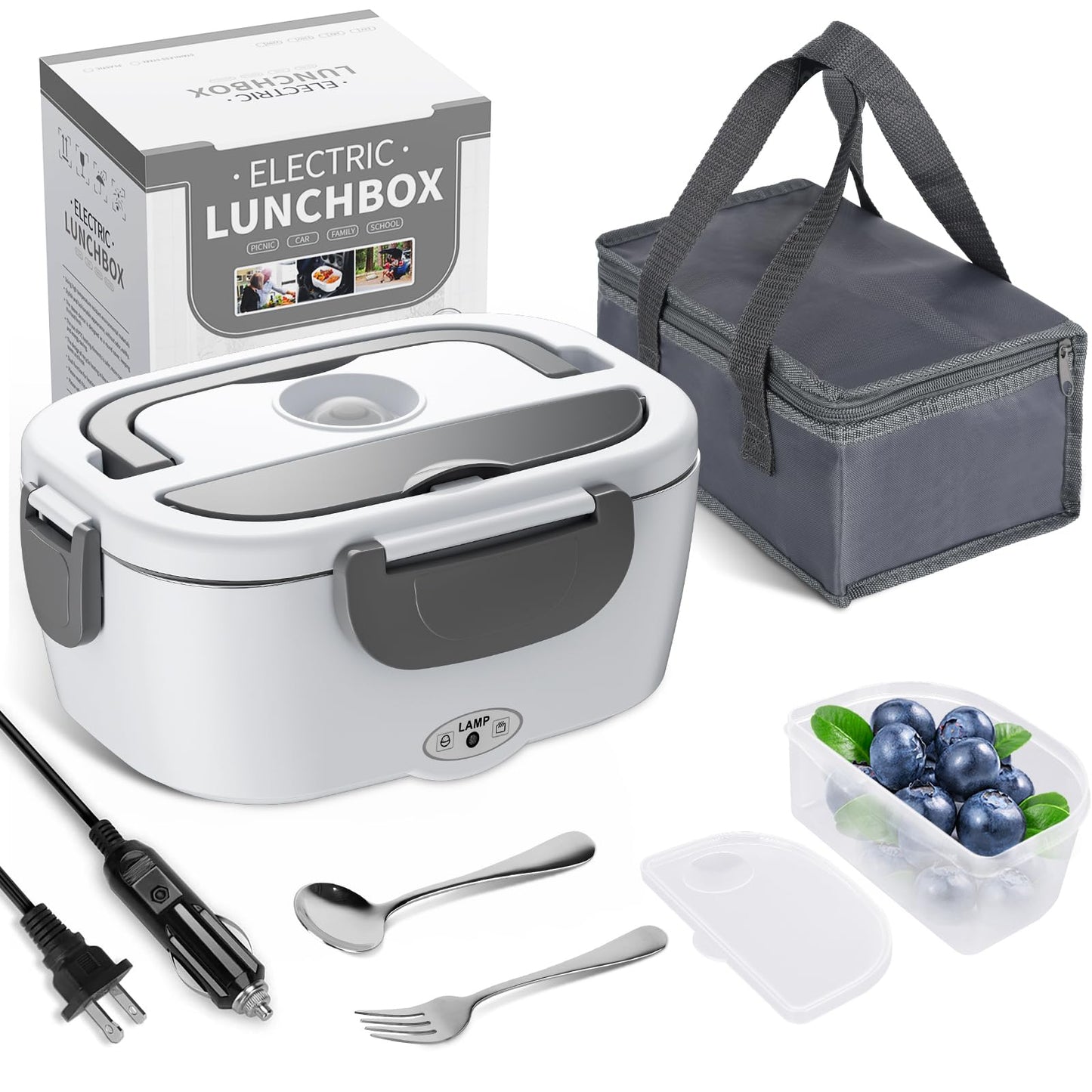 Herrfilk Electric Lunch Box Food Heater, 3 in 1 Ultra Quick Heated Lunch Boxes for Adults, 12V/24V/110V Portable Food Warmer for Car/Truck/Office With Fork Spoon and Insulated Carry Bag