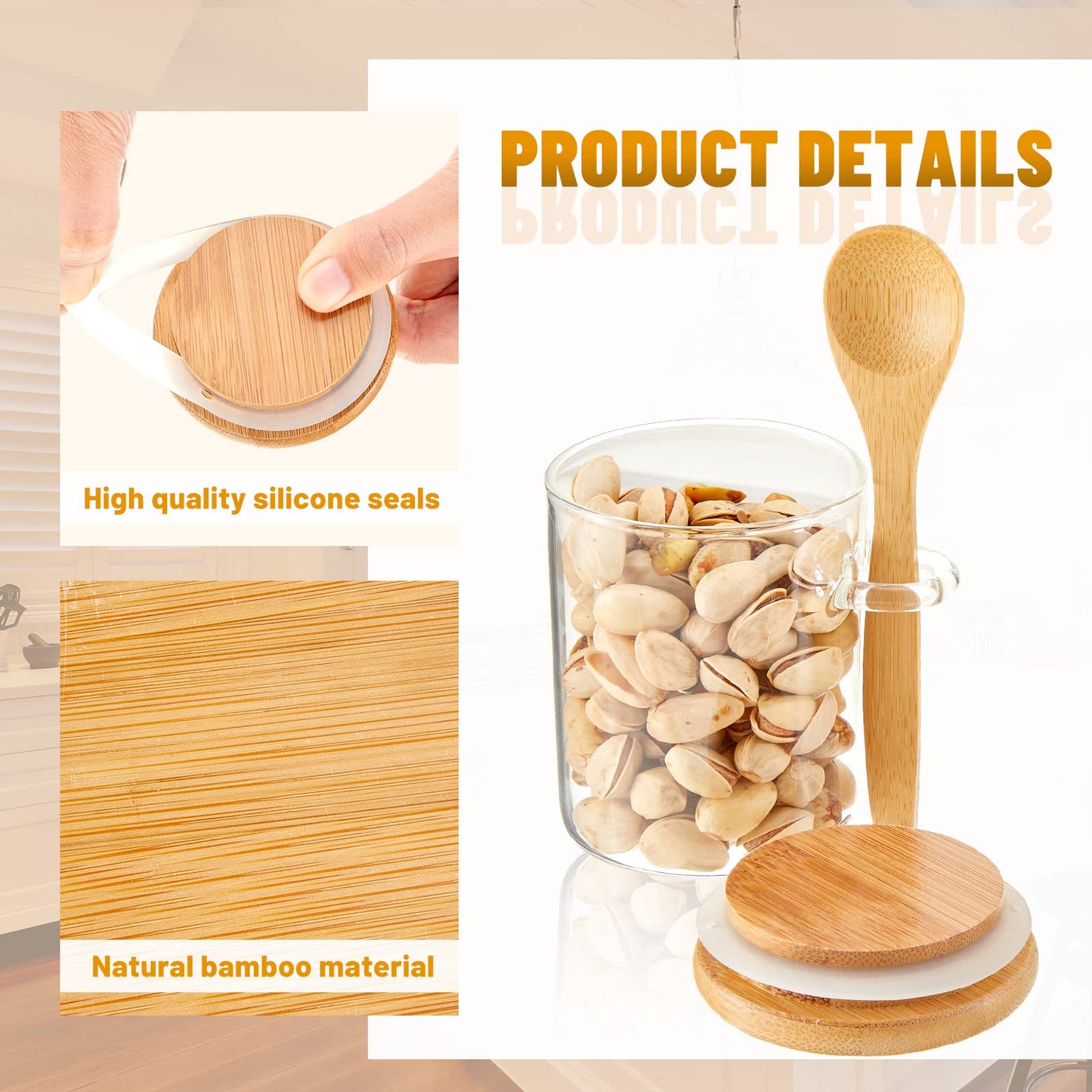 Tessco for you 12 Pack 6 oz Glass Spice Jars with Bamboo Lids and Wooden Spoons, Clear Storage Containers for Sugar, Salt, Coffee, Tea, DIY Gifts, and Sugar Scrubs Organization Set for Kitchen