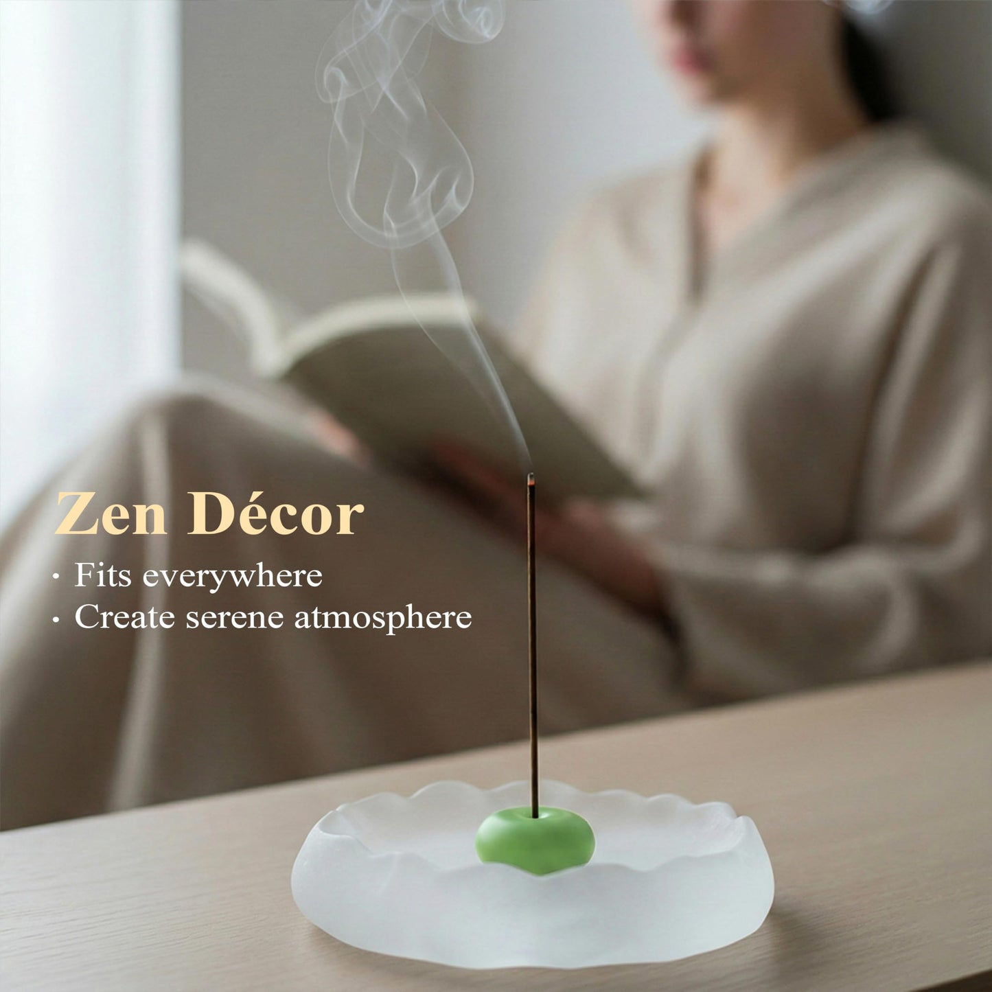 SATORY Handmade Zen Incense Holder 4.1" W- Frosted Glass & Green Jade Stone, Multi-Purpose Ash Catcher- Bakhoor Burner Gift with Incense Stick Samples, Home Décor, Yoga Meditation, Office